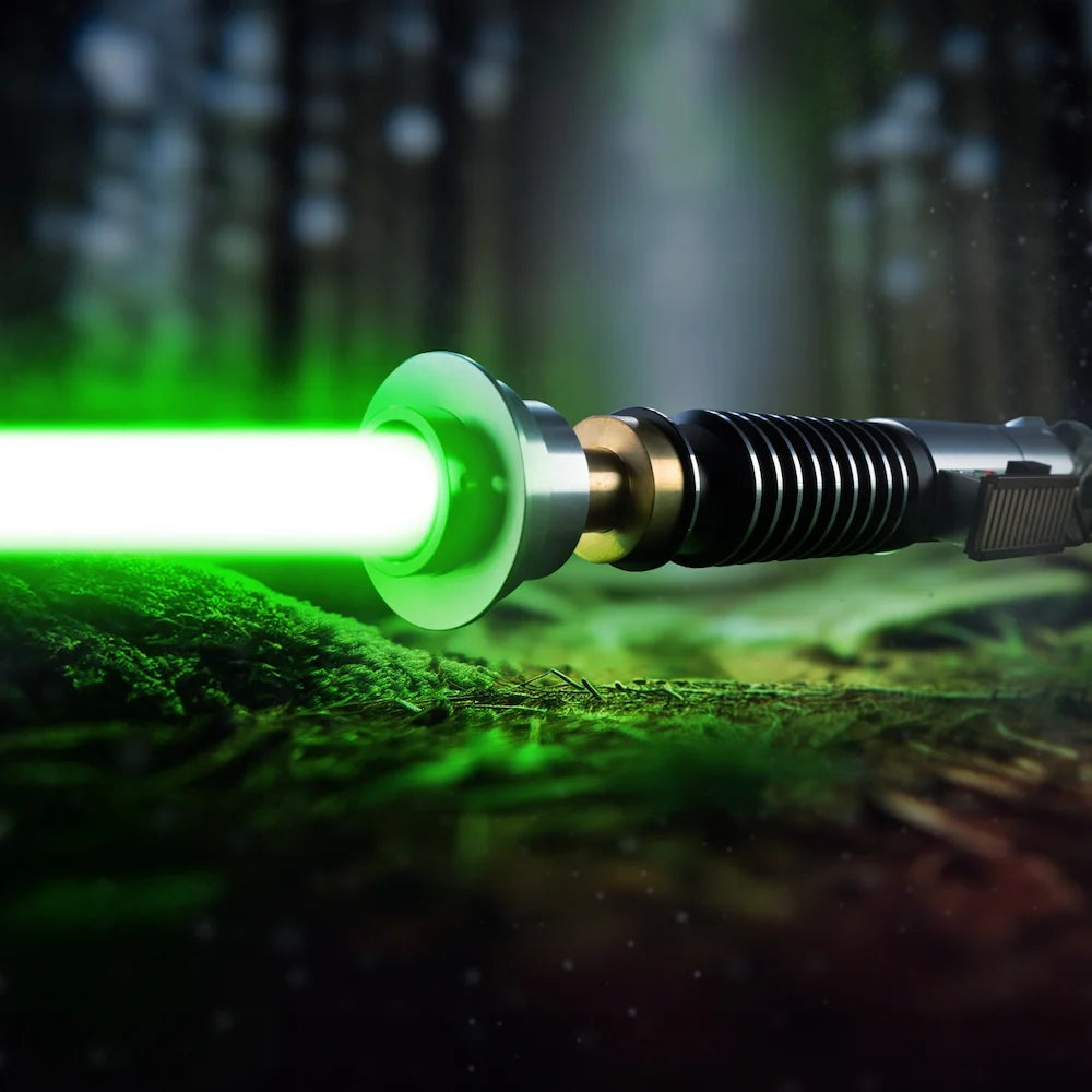 Luke ROTJ Saber from Novasaber, featuring an expertly crafted hilt with silver, black, and green accents, paired with a bright green blade, replicating Luke Skywalker&