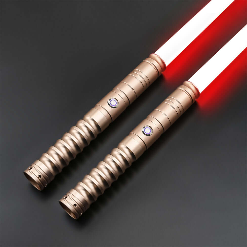 Novasaber Duelist Lightsaber Bundle – two aluminum alloy hilts in choice of grey, black, silver or gold, removable 77 cm or 82 cm polycarbonate blades, RGB S4/S16/S27 baselit or SN-Neopixel V4 Pro cores with customizable colors, effects, 27+ soundfonts an