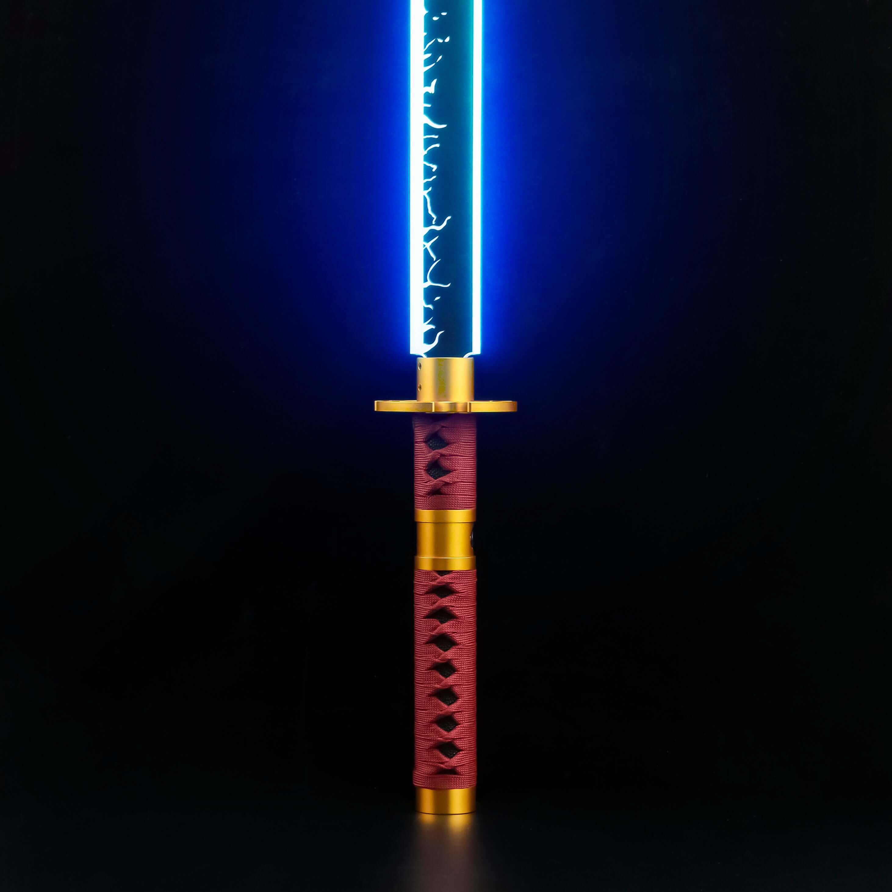 Sekiro Lightsaber: Katana-inspired design with gold hilt, red grip, and gold guard, crafted from aircraft-grade aluminum for durability and elegance.