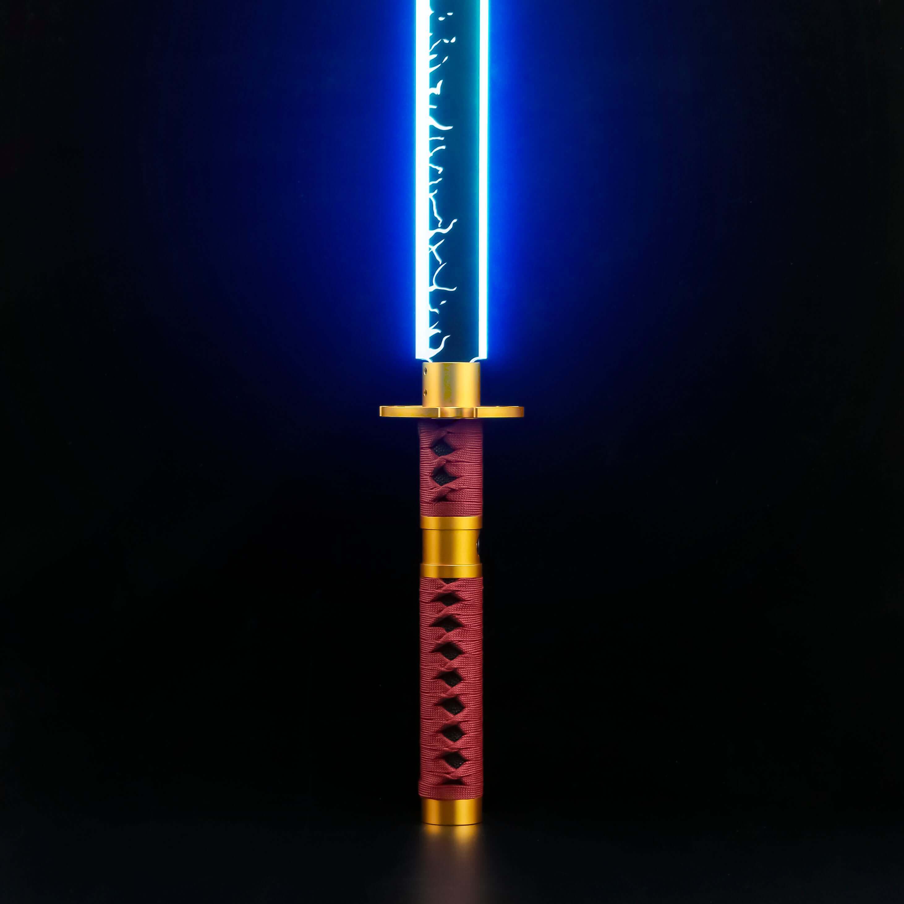 Sekiro Lightsaber: Katana-inspired design with gold hilt, red grip, and gold guard, crafted from aircraft-grade aluminum for durability and elegance.