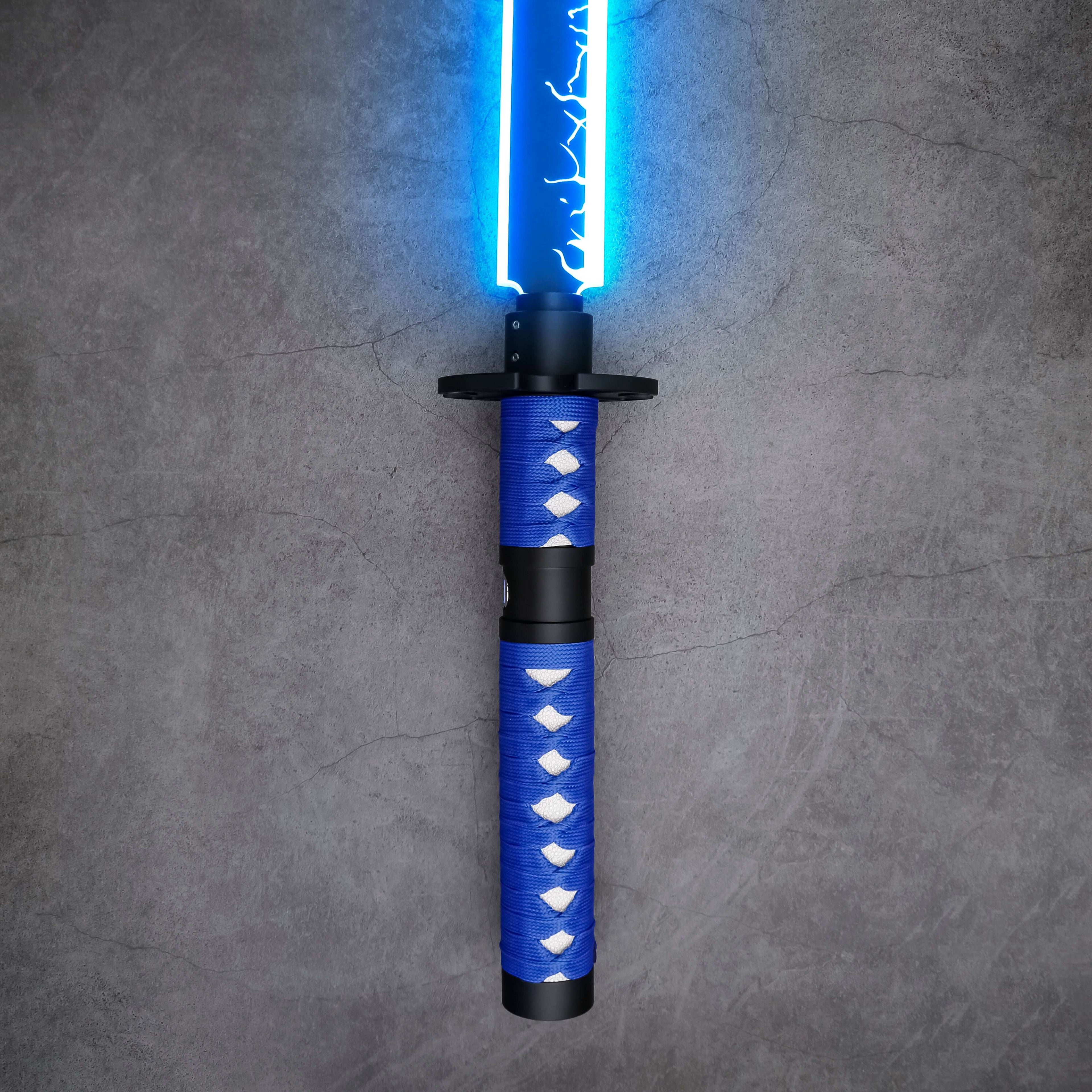 Sekiro Lightsaber: Katana-inspired design with gold hilt, red grip, and gold guard, crafted from aircraft-grade aluminum for durability and elegance.