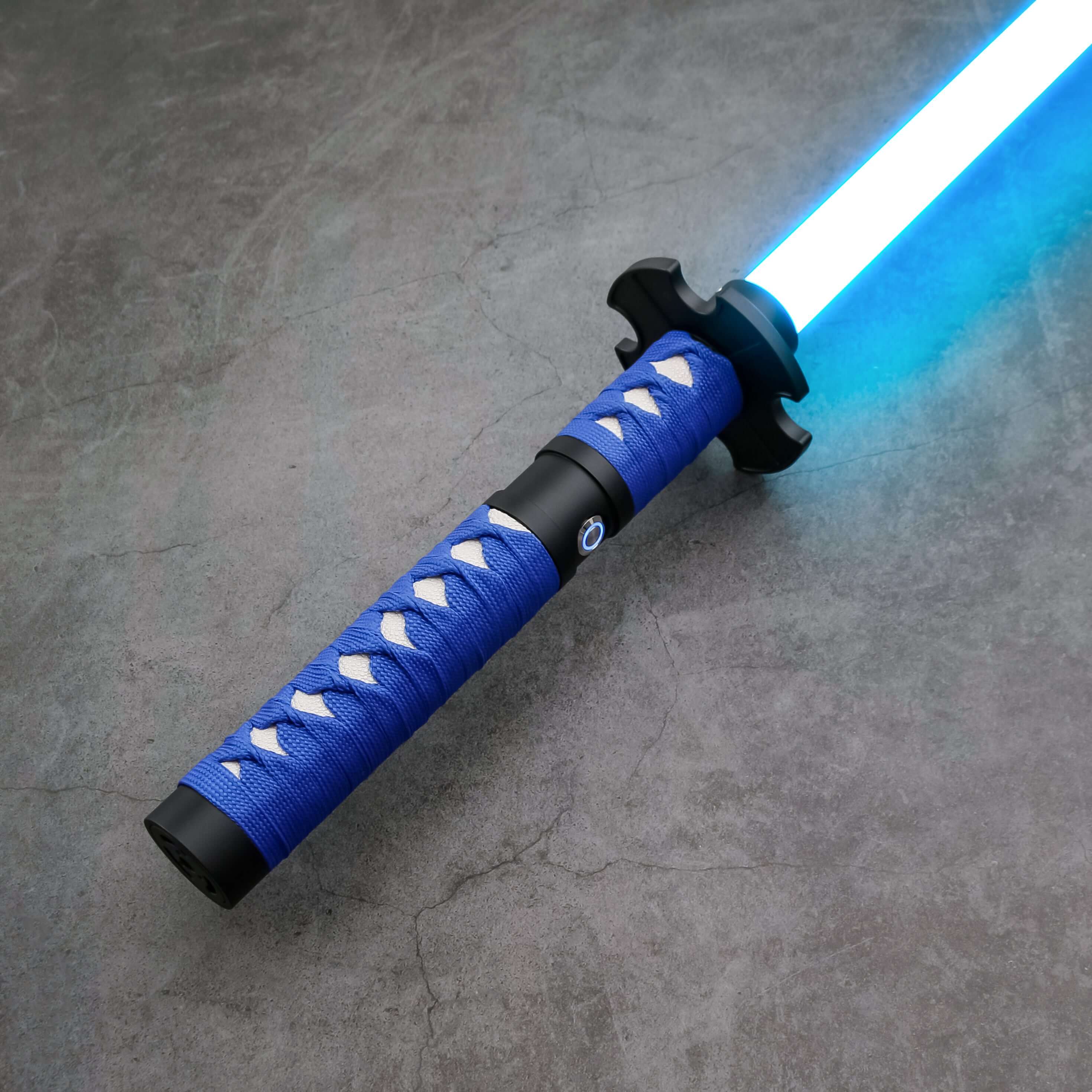 Sekiro Lightsaber: Katana-inspired design with gold hilt, red grip, and gold guard, crafted from aircraft-grade aluminum for durability and elegance.