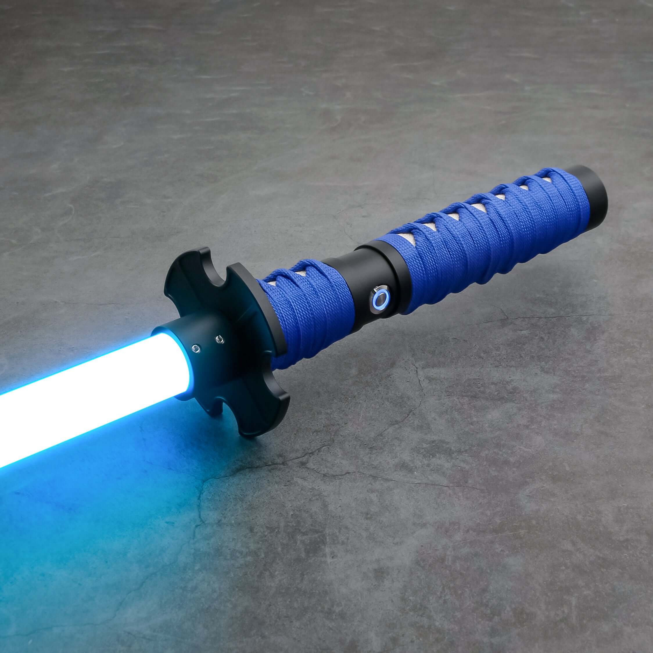 Sekiro Lightsaber: Katana-inspired design with gold hilt, red grip, and gold guard, crafted from aircraft-grade aluminum for durability and elegance.