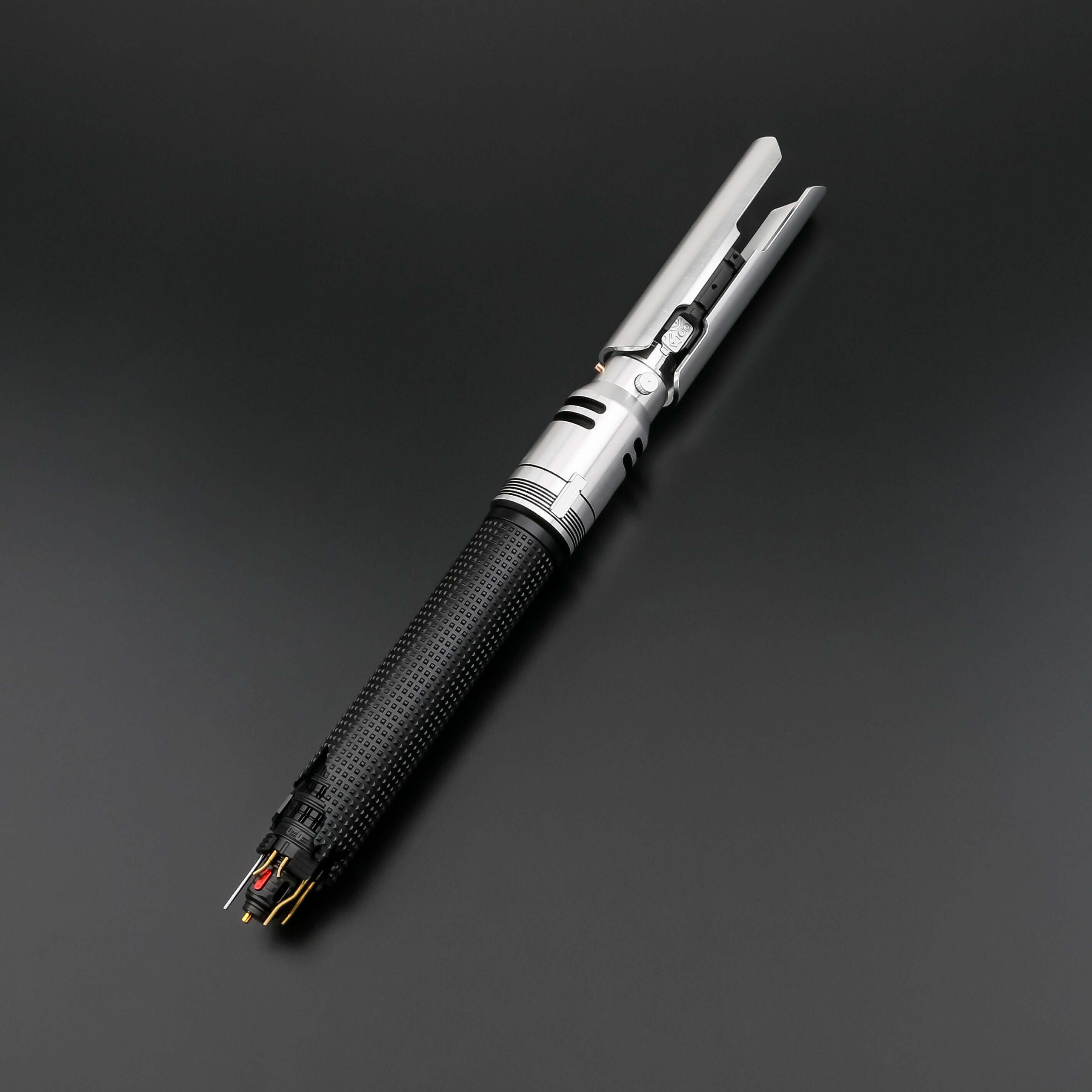 Cal EP3 lightsaber with silver and black anodized aluminum hilt, featuring 12 blade colors, 16 sound fonts, and options for Baselit, S-RGB, Neopixel, or Proffie cores, ideal for cosplay and light dueling