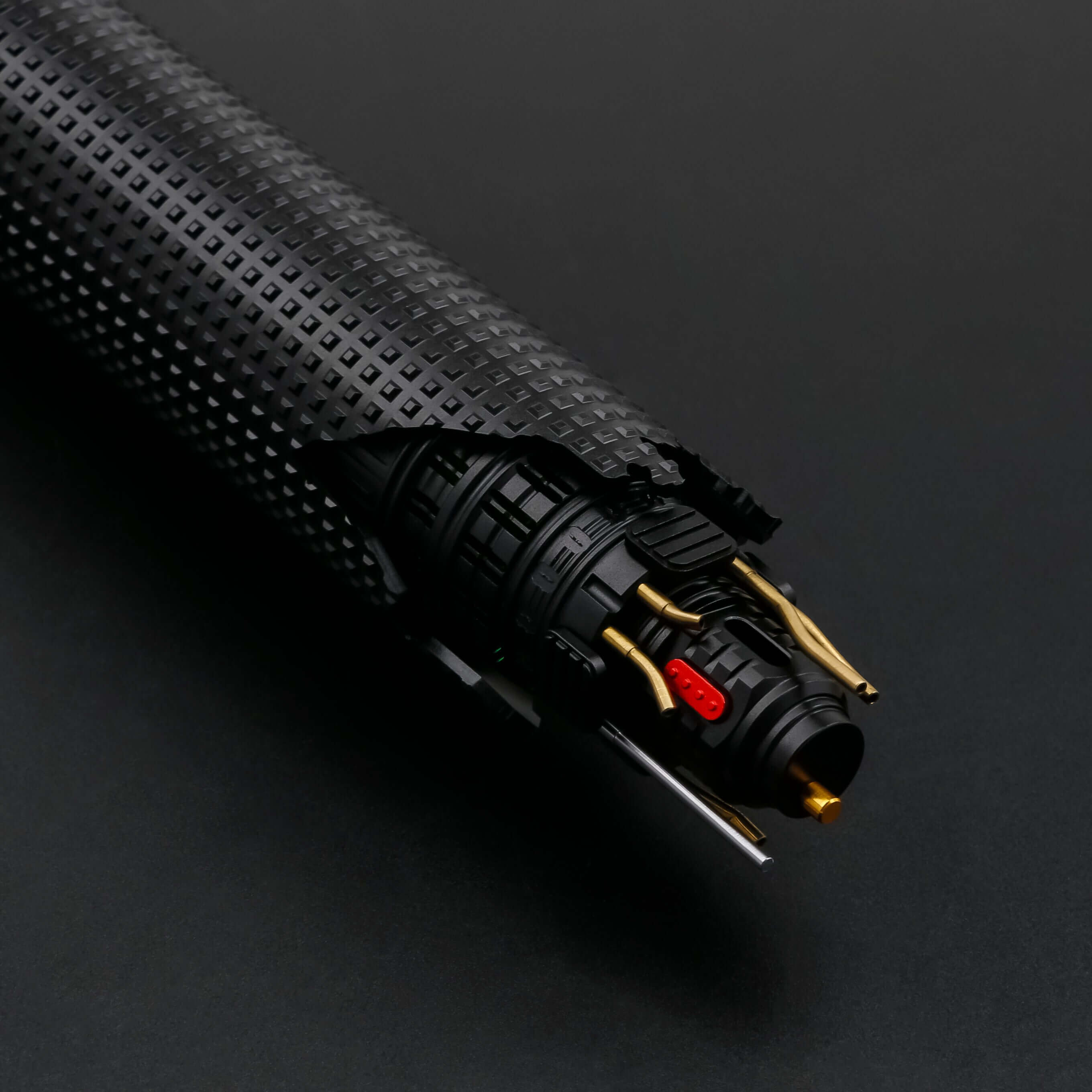 Cal EP3 lightsaber with silver and black anodized aluminum hilt, featuring 12 blade colors, 16 sound fonts, and options for Baselit, S-RGB, Neopixel, or Proffie cores, ideal for cosplay and light dueling