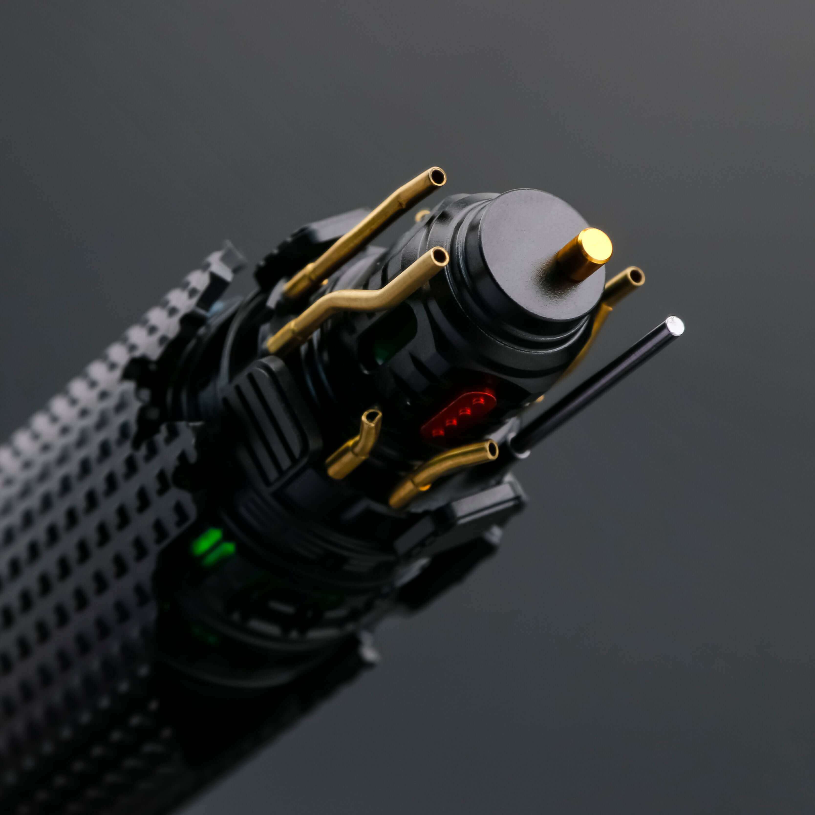 Cal EP3 lightsaber with silver and black anodized aluminum hilt, featuring 12 blade colors, 16 sound fonts, and options for Baselit, S-RGB, Neopixel, or Proffie cores, ideal for cosplay and light dueling