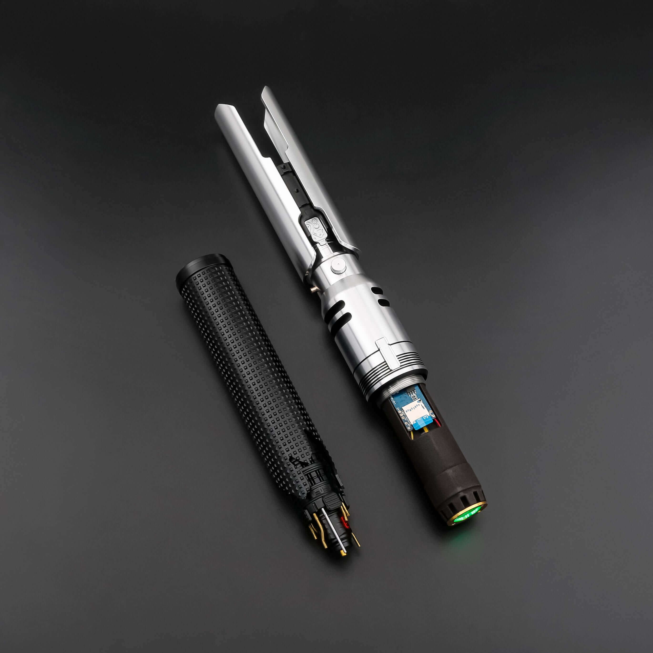Cal EP3 lightsaber with silver and black anodized aluminum hilt, featuring 12 blade colors, 16 sound fonts, and options for Baselit, S-RGB, Neopixel, or Proffie cores, ideal for cosplay and light dueling
