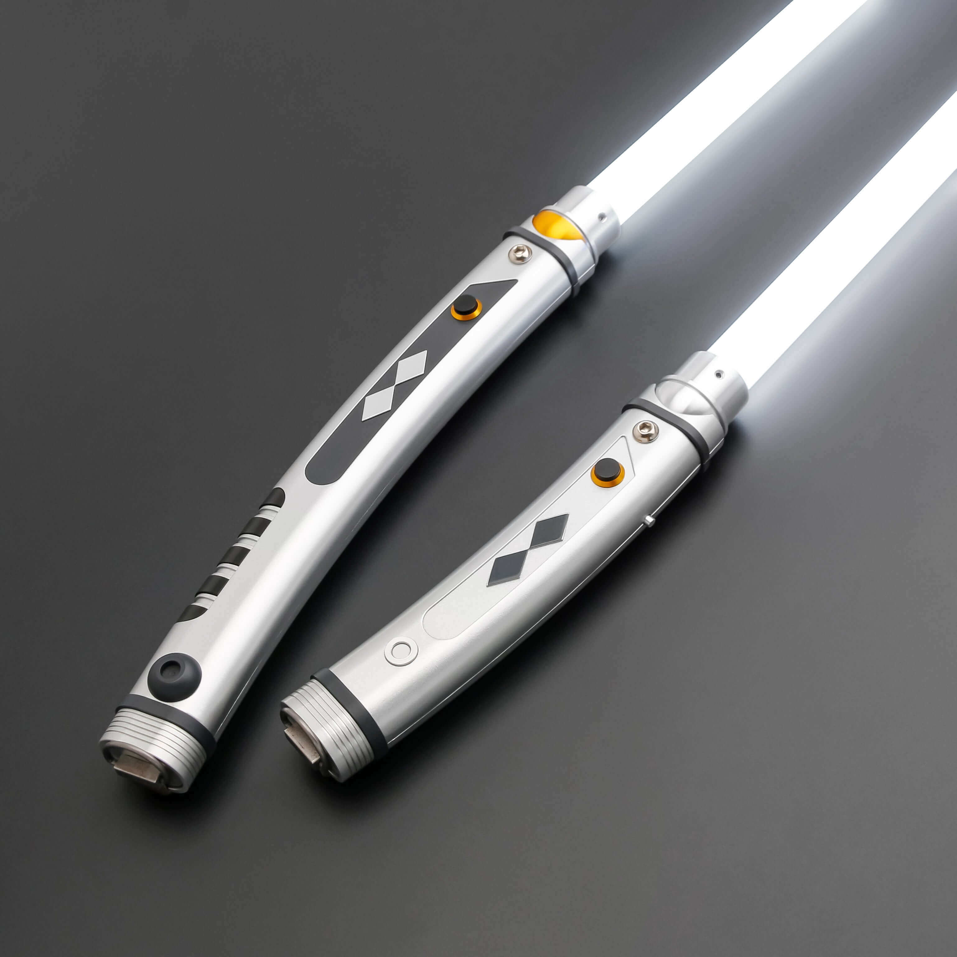 Tano lightsaber with silver and black anodized aluminum hilt, featuring 12 blade colors, 27 sound fonts, and options for Baselit, S-RGB, Neopixel, or Proffie cores, ideal for cosplay and light dueling.