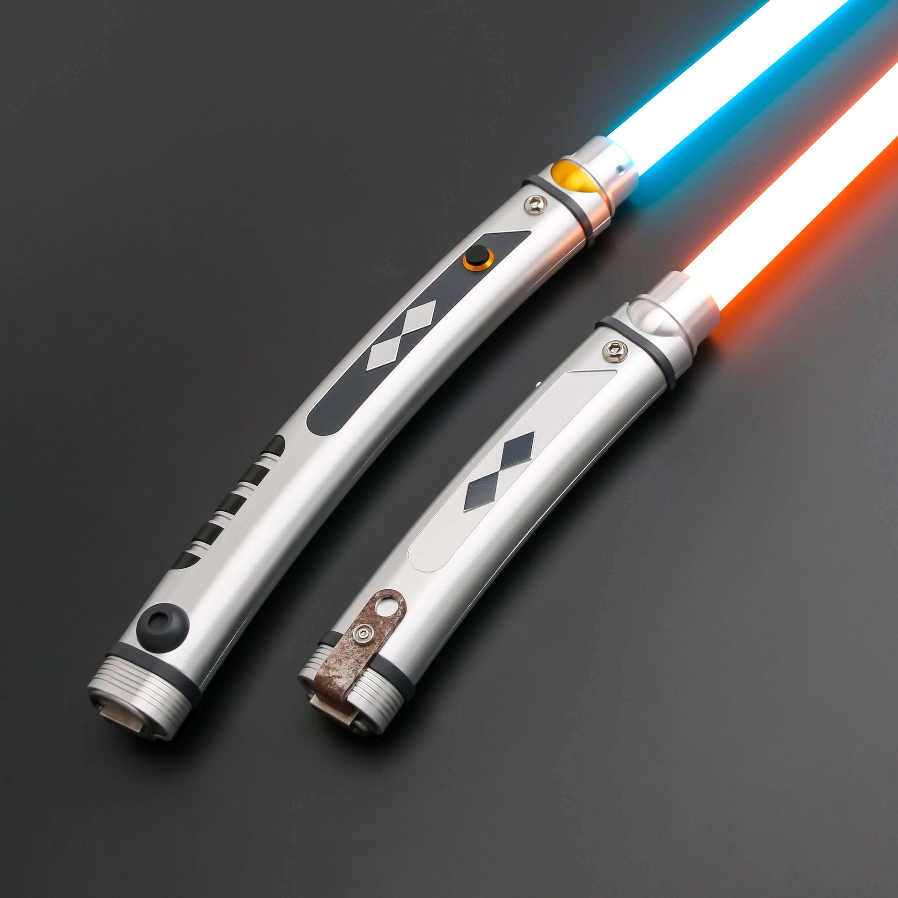 Tano lightsaber with silver and black anodized aluminum hilt, featuring 12 blade colors, 27 sound fonts, and options for Baselit, S-RGB, Neopixel, or Proffie cores, ideal for cosplay and light dueling.
