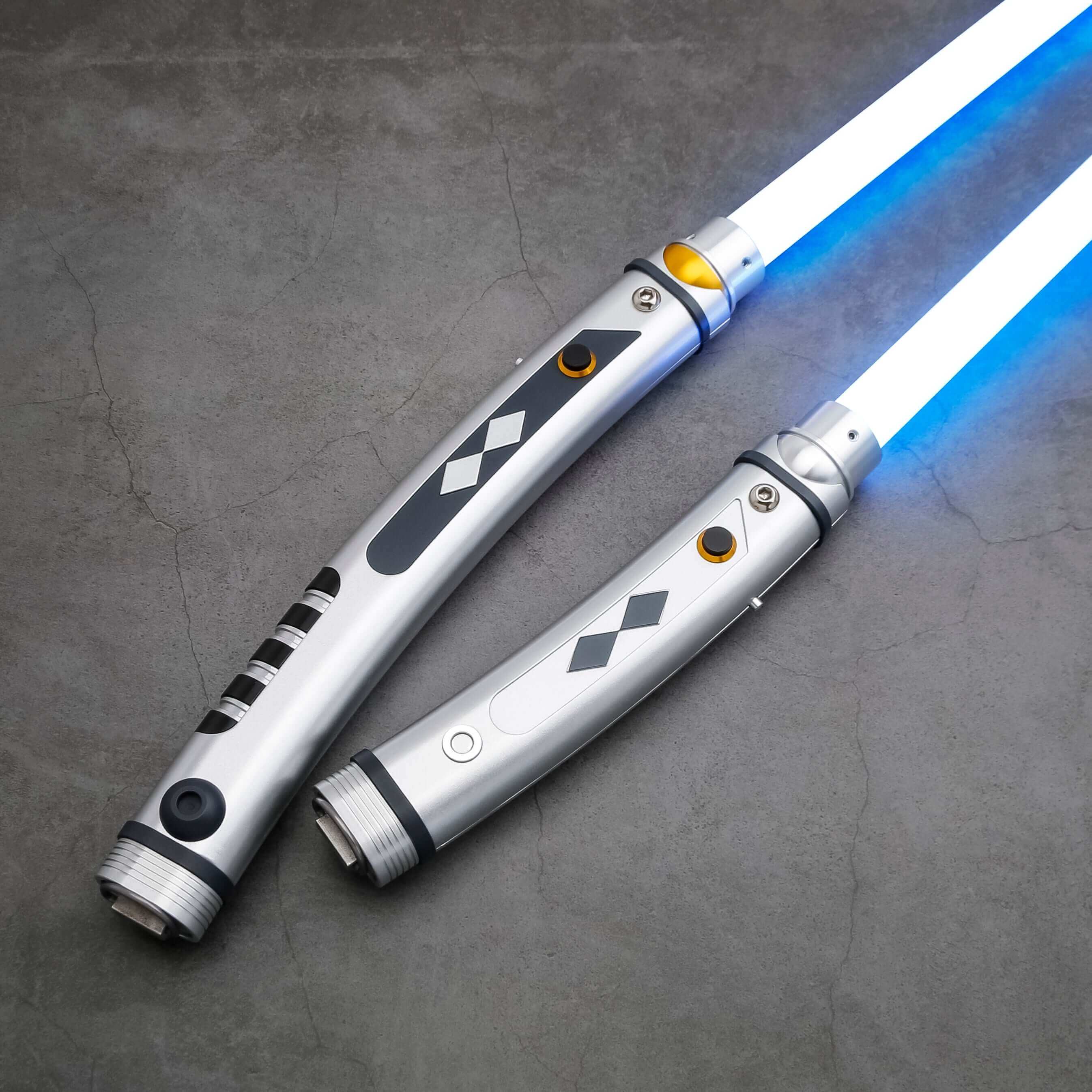Tano lightsaber with silver and black anodized aluminum hilt, featuring 12 blade colors, 27 sound fonts, and options for Baselit, S-RGB, Neopixel, or Proffie cores, ideal for cosplay and light dueling.