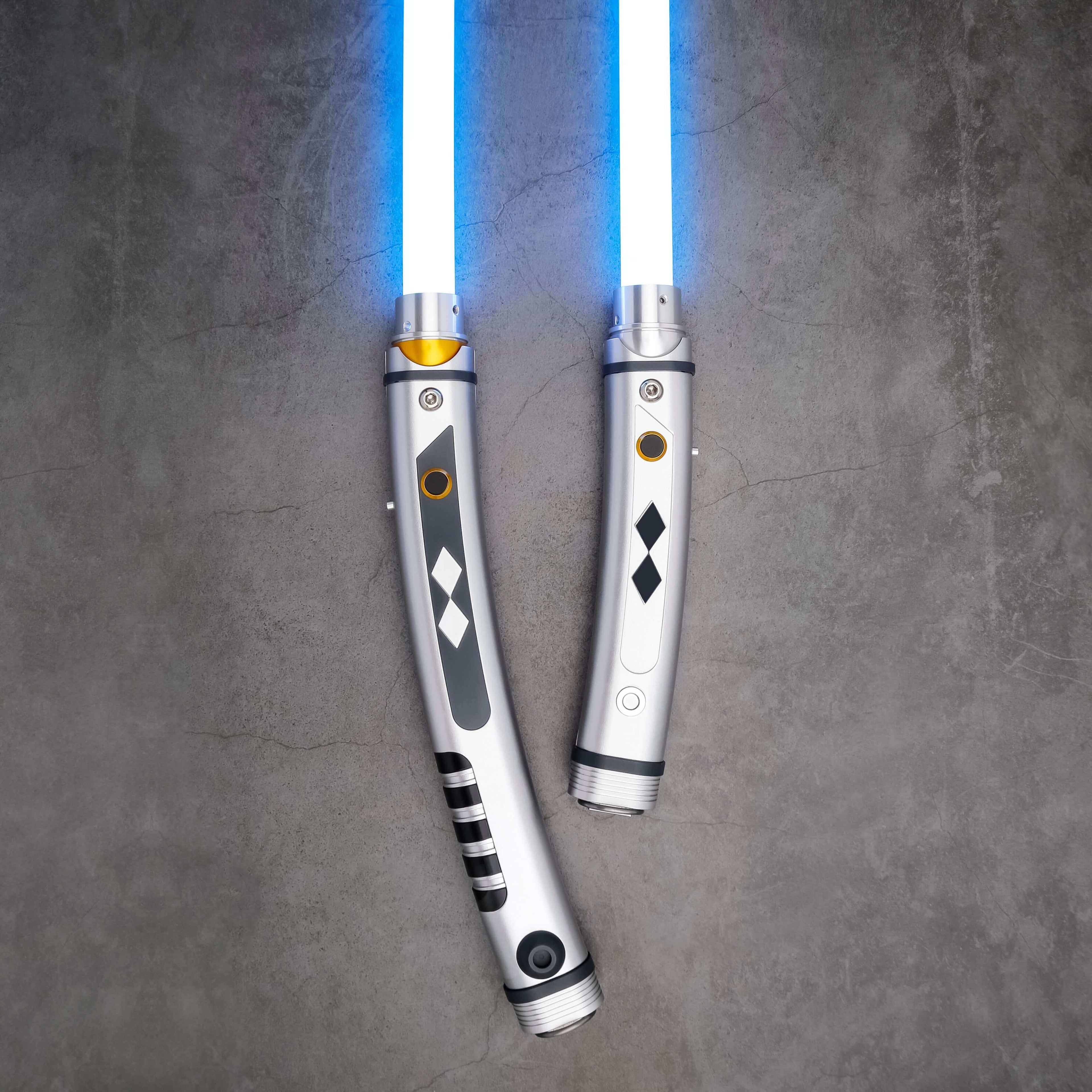 Tano lightsaber with silver and black anodized aluminum hilt, featuring 12 blade colors, 27 sound fonts, and options for Baselit, S-RGB, Neopixel, or Proffie cores, ideal for cosplay and light dueling.