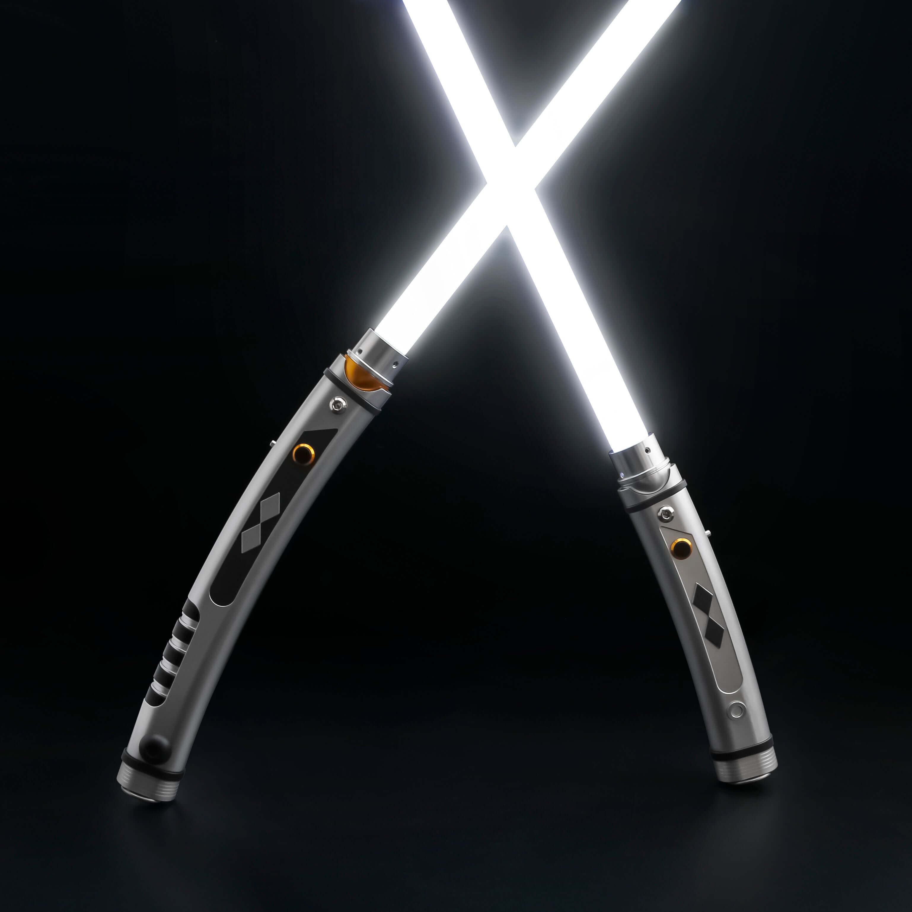 Tano lightsaber with silver and black anodized aluminum hilt, featuring 12 blade colors, 27 sound fonts, and options for Baselit, S-RGB, Neopixel, or Proffie cores, ideal for cosplay and light dueling.