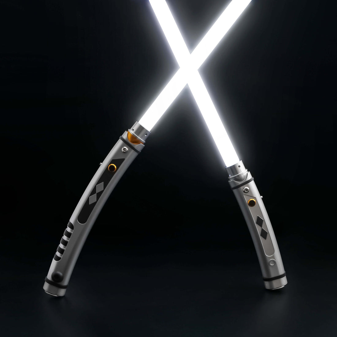Tano lightsaber with silver and black anodized aluminum hilt, featuring 12 blade colors, 27 sound fonts, and options for Baselit, S-RGB, Neopixel, or Proffie cores, ideal for cosplay and light dueling.
