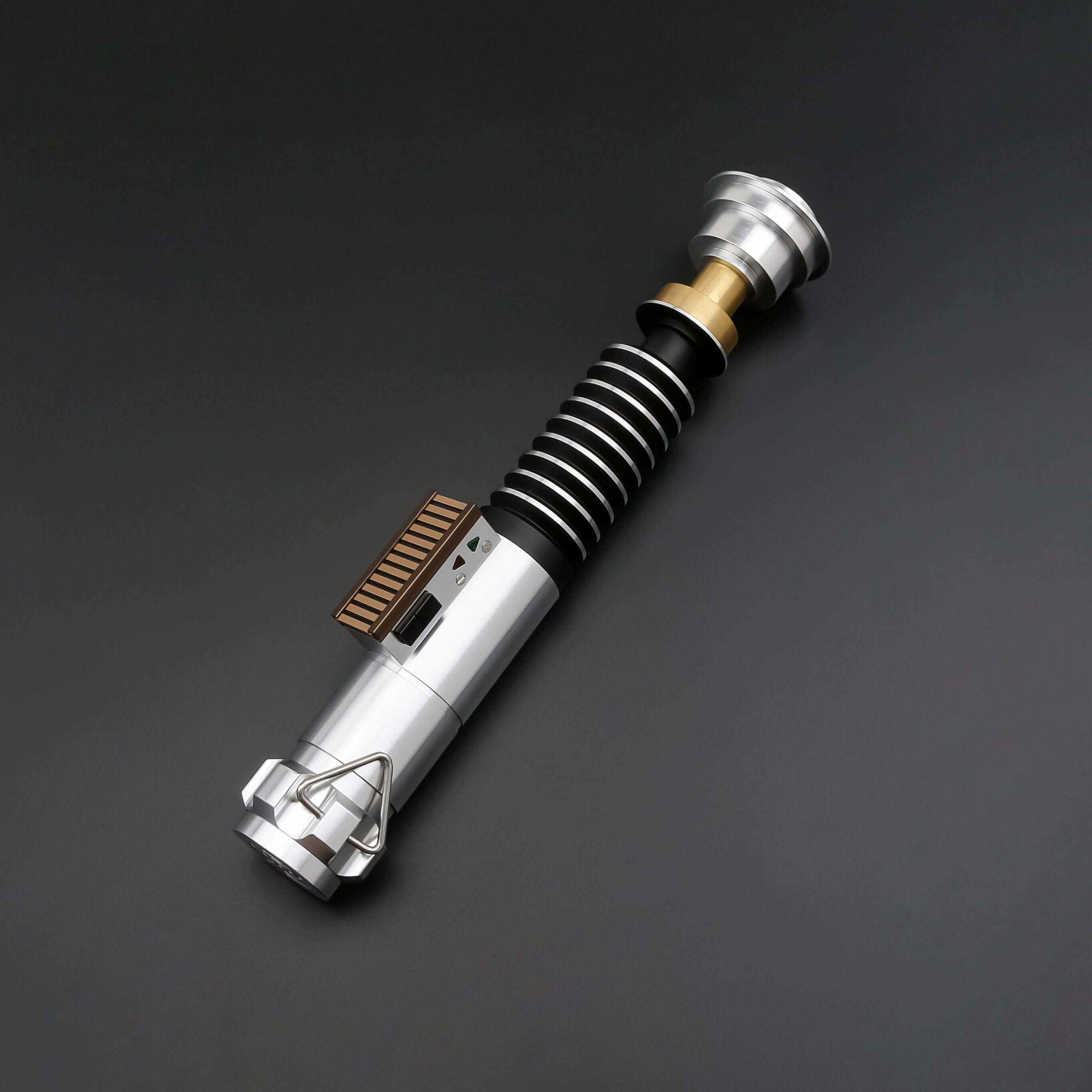 Luke ROTJ Saber from Novasaber, featuring an expertly crafted hilt with silver, black, and green accents, paired with a bright green blade, replicating Luke Skywalker&