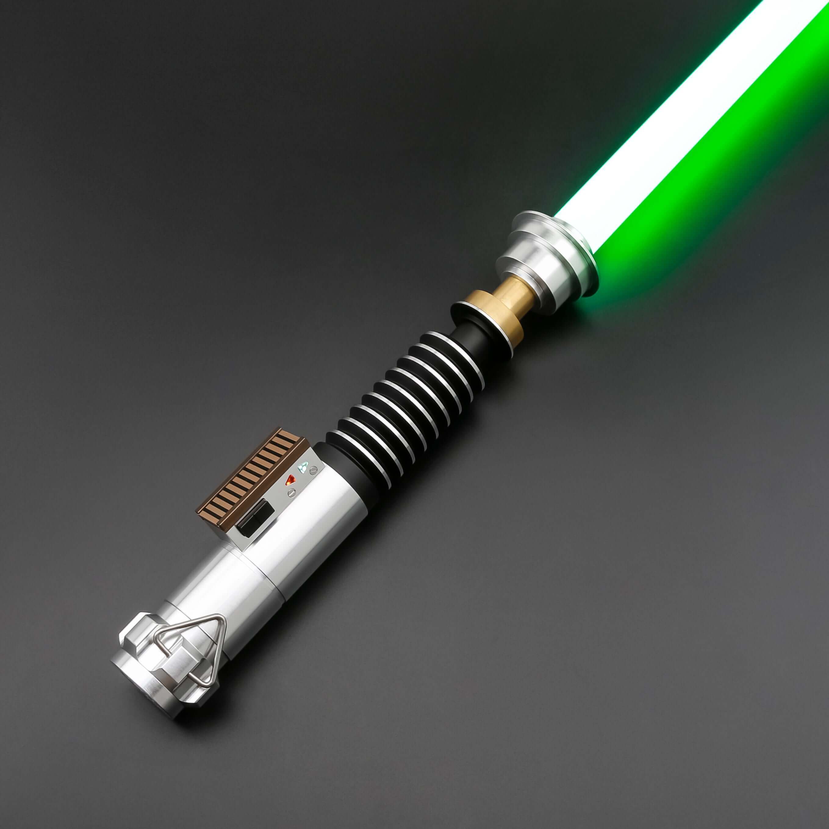 Luke ROTJ Saber from Novasaber, featuring an expertly crafted hilt with silver, black, and green accents, paired with a bright green blade, replicating Luke Skywalker&