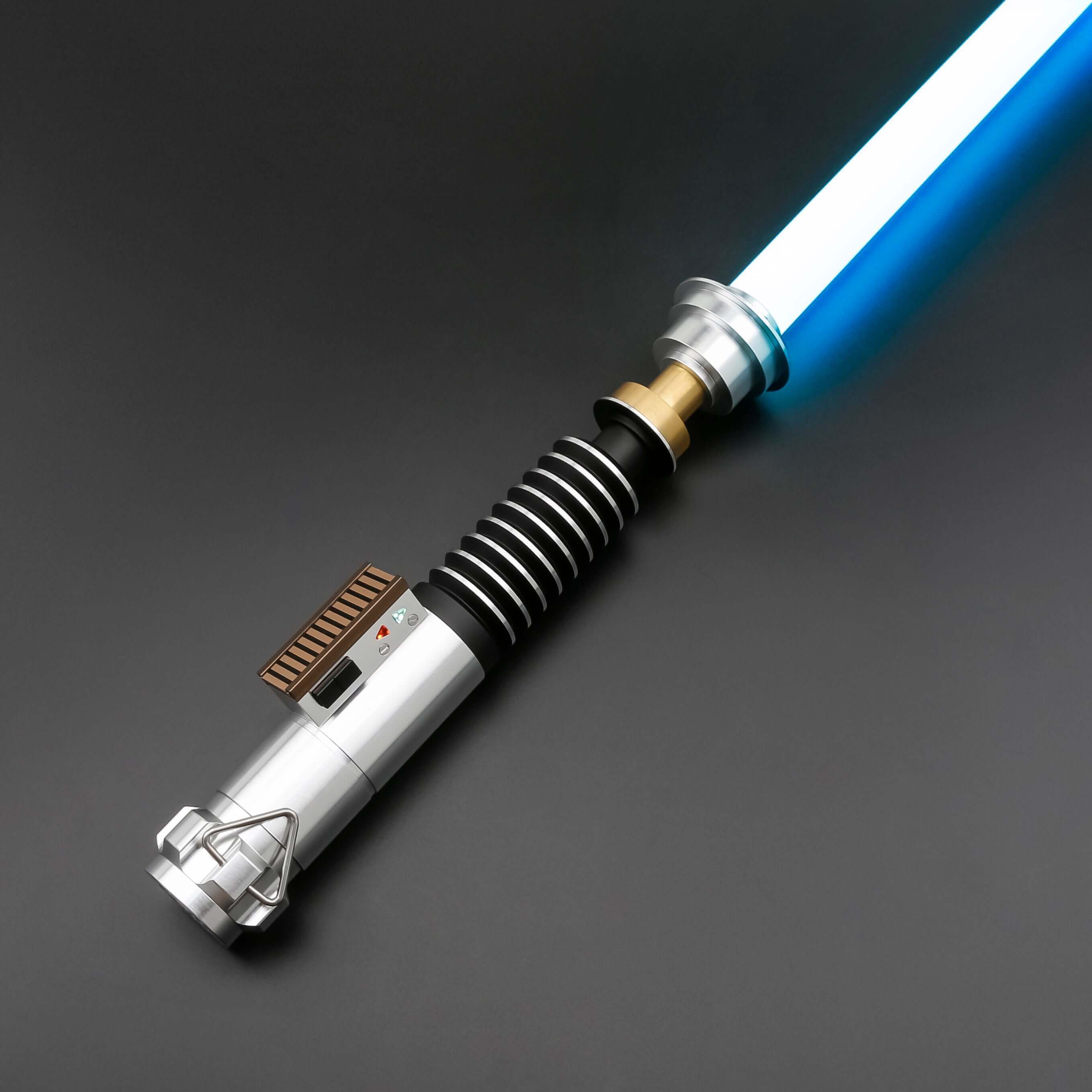 Luke ROTJ Saber from Novasaber, featuring an expertly crafted hilt with silver, black, and green accents, paired with a bright green blade, replicating Luke Skywalker&