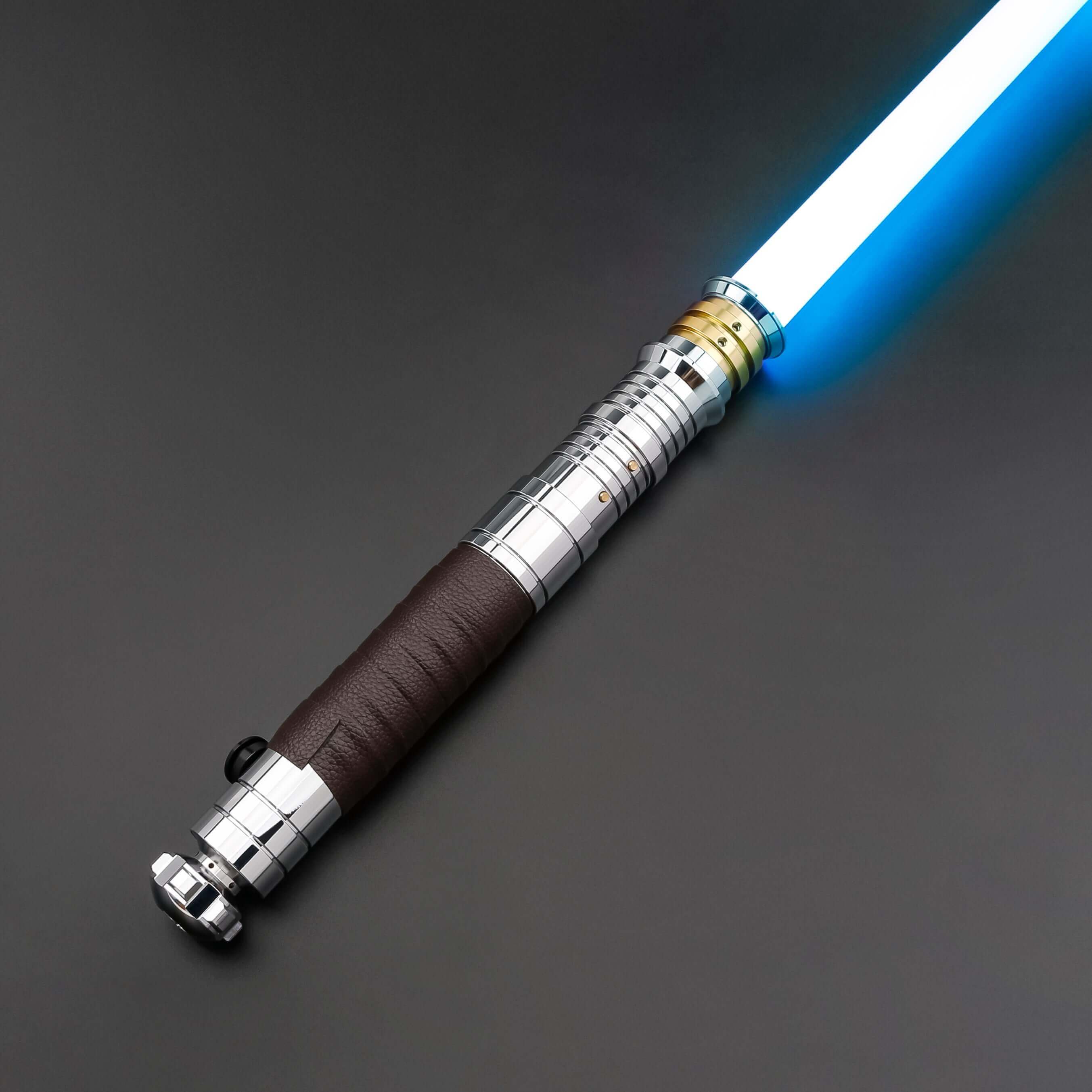 Revan lightsaber with silver and black anodized aluminum hilt, featuring 12 blade colors, 16 sound fonts, and options for Baselit, S-RGB, Neopixel, or Proffie cores, ideal for cosplay and light dueling
