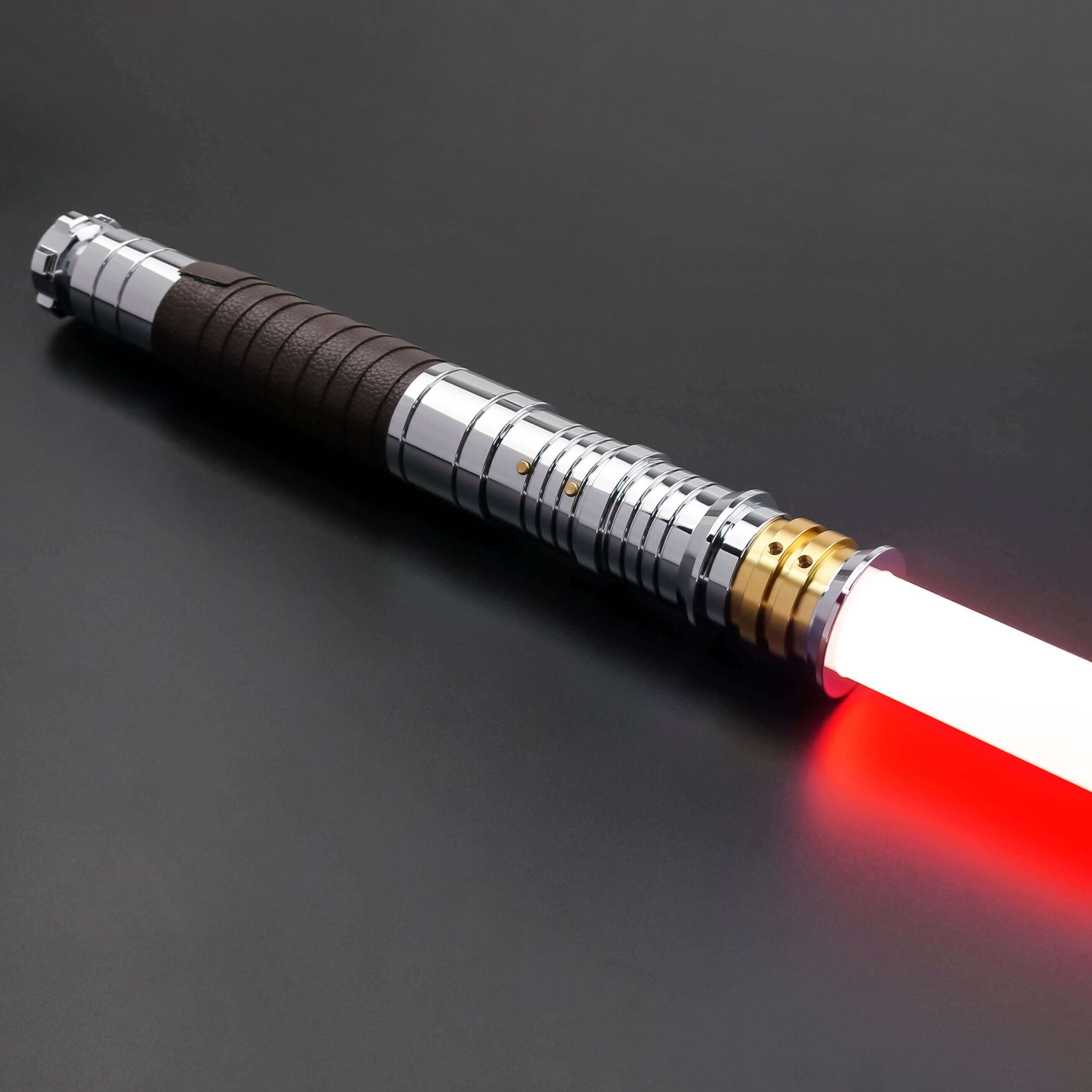 Revan lightsaber with silver and black anodized aluminum hilt, featuring 12 blade colors, 16 sound fonts, and options for Baselit, S-RGB, Neopixel, or Proffie cores, ideal for cosplay and light dueling