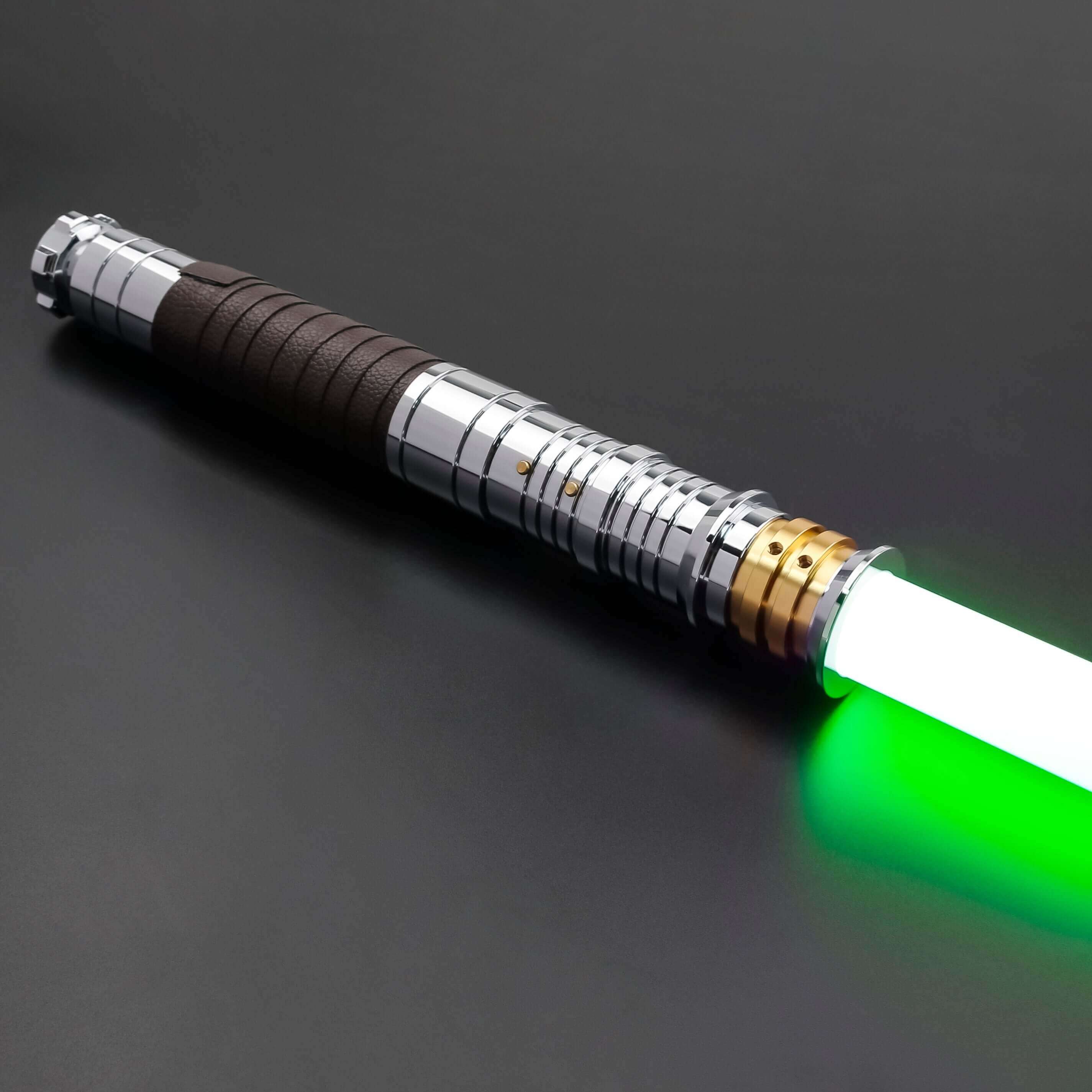 Revan lightsaber with silver and black anodized aluminum hilt, featuring 12 blade colors, 16 sound fonts, and options for Baselit, S-RGB, Neopixel, or Proffie cores, ideal for cosplay and light dueling