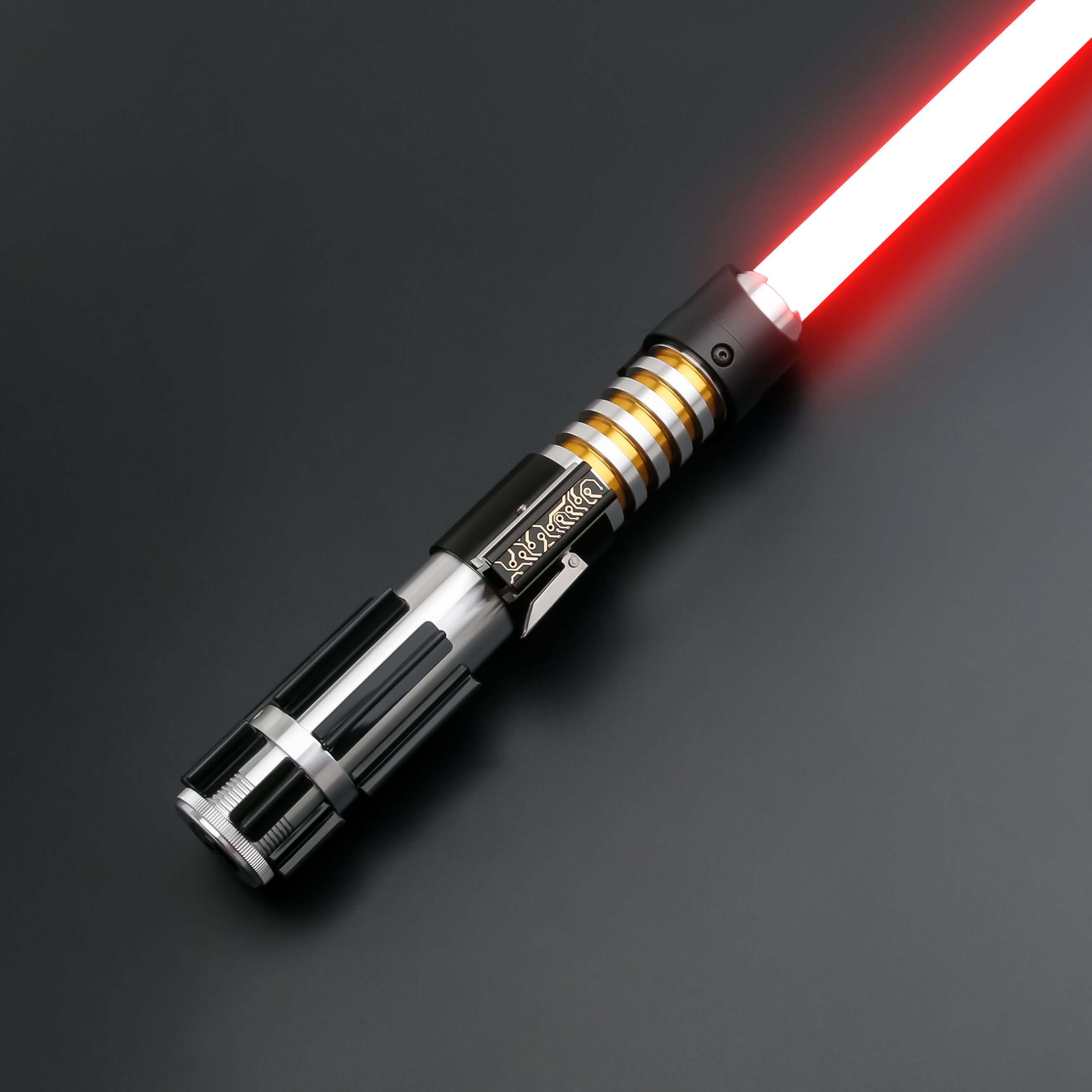 Elzar Mann lightsaber with black anodized aluminum hilt, polished silver accents, 32" polycarbonate blade, 27 sound fonts, 12 blade colors, and Neopixel or Proffie core options for dynamic effects and dueling.