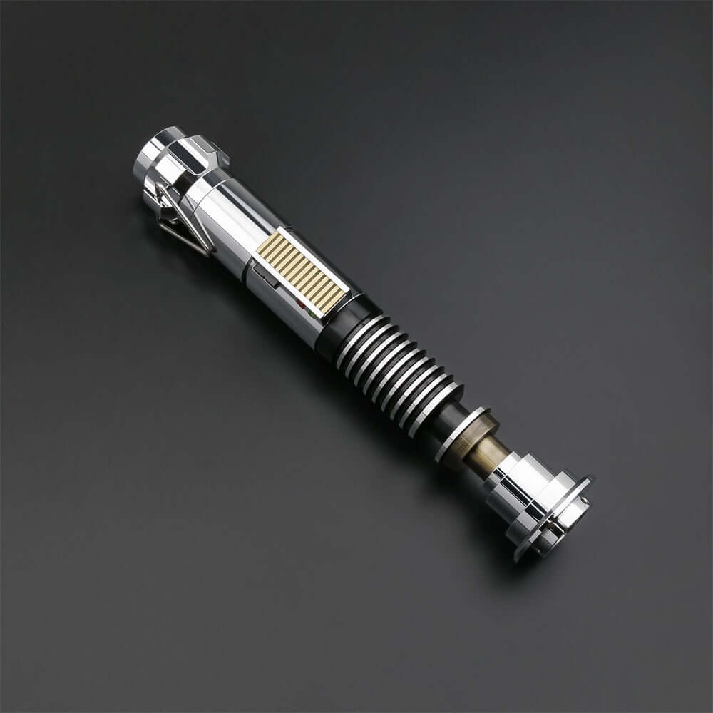 Luke EP6 lightsaber replica showcased against a dark background, highlighting its detailed design and grip.