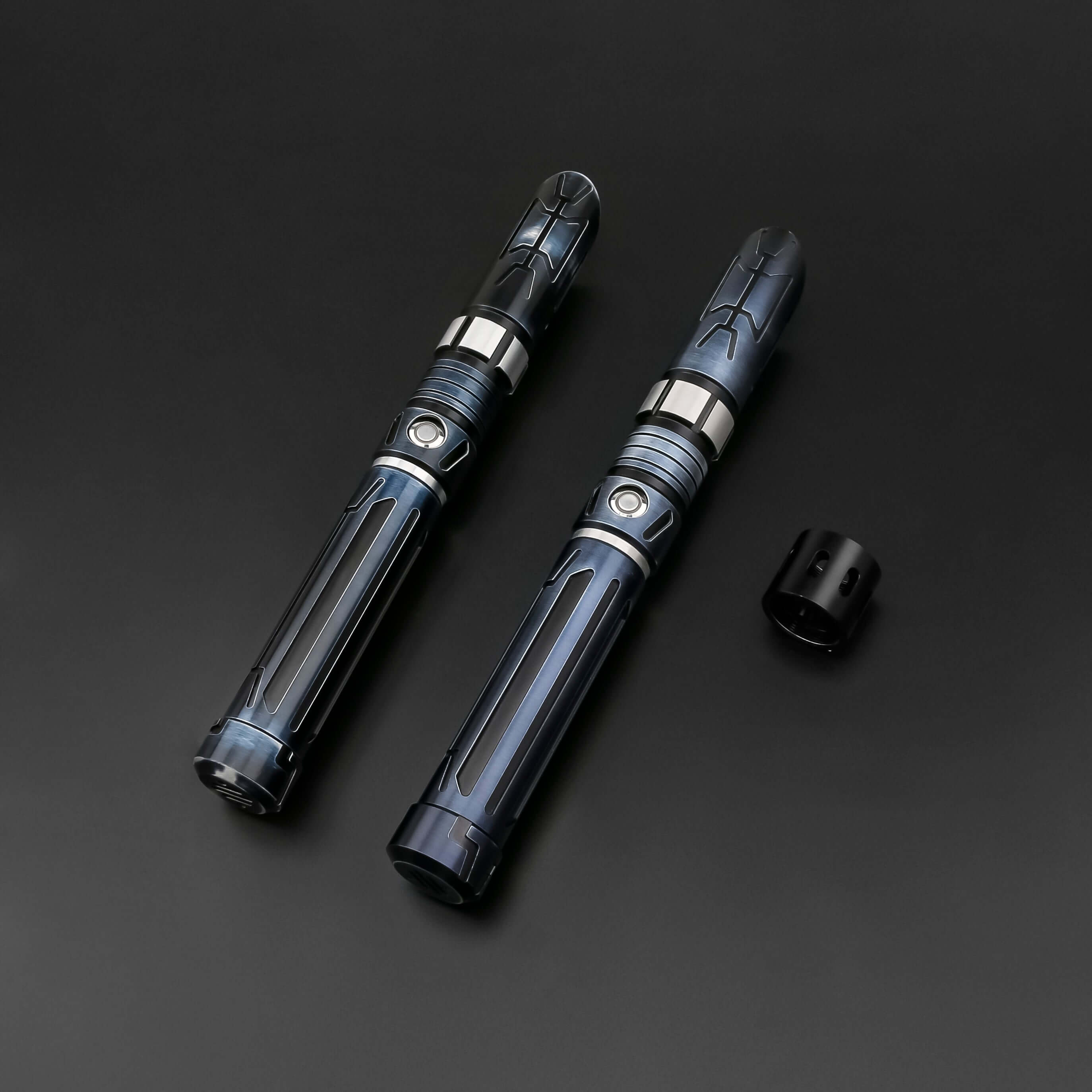 Starchaser Dual Sabers – twin frosted aluminum alloy hilts with etched emitter design for an ancient authentic feel, removable 77 cm or 92 cm polycarbonate blades, Neopixel multi-color changing core options for customizable blade effects, includes complim