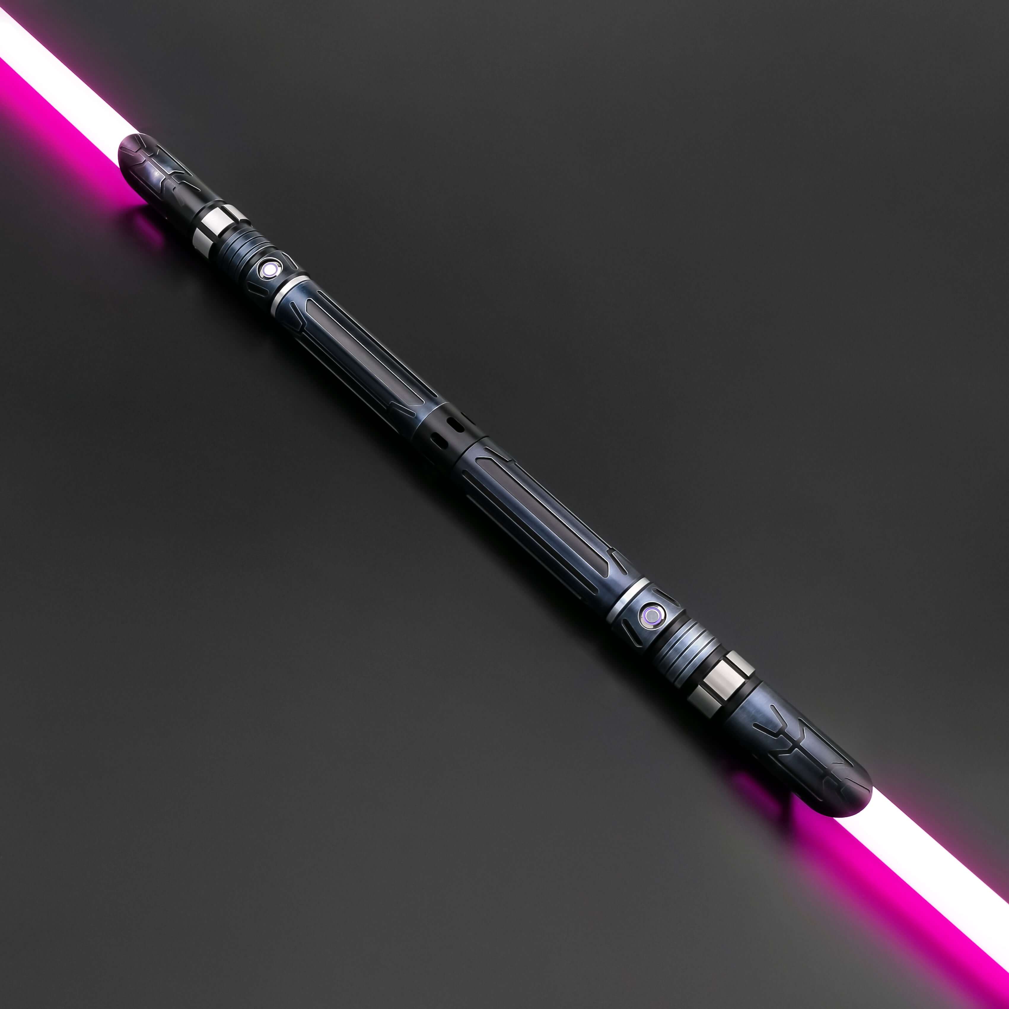 Starchaser Dual Sabers – twin frosted aluminum alloy hilts with etched emitter design for an ancient authentic feel, removable 77 cm or 92 cm polycarbonate blades, Neopixel multi-color changing core options for customizable blade effects, includes complim
