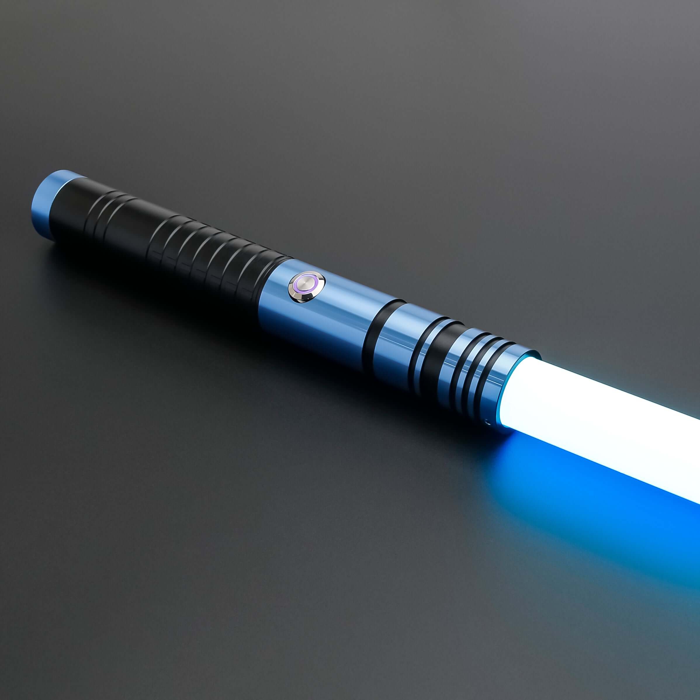 Padawan A01RGB Neopixel Saber – Ergonomic aluminum hilt with gold accents, high-quality removable polycarbonate blade, customizable RGB colors via app, realistic sound effects with multiple sound fonts, rechargeable 18650 battery, smooth swing motion for