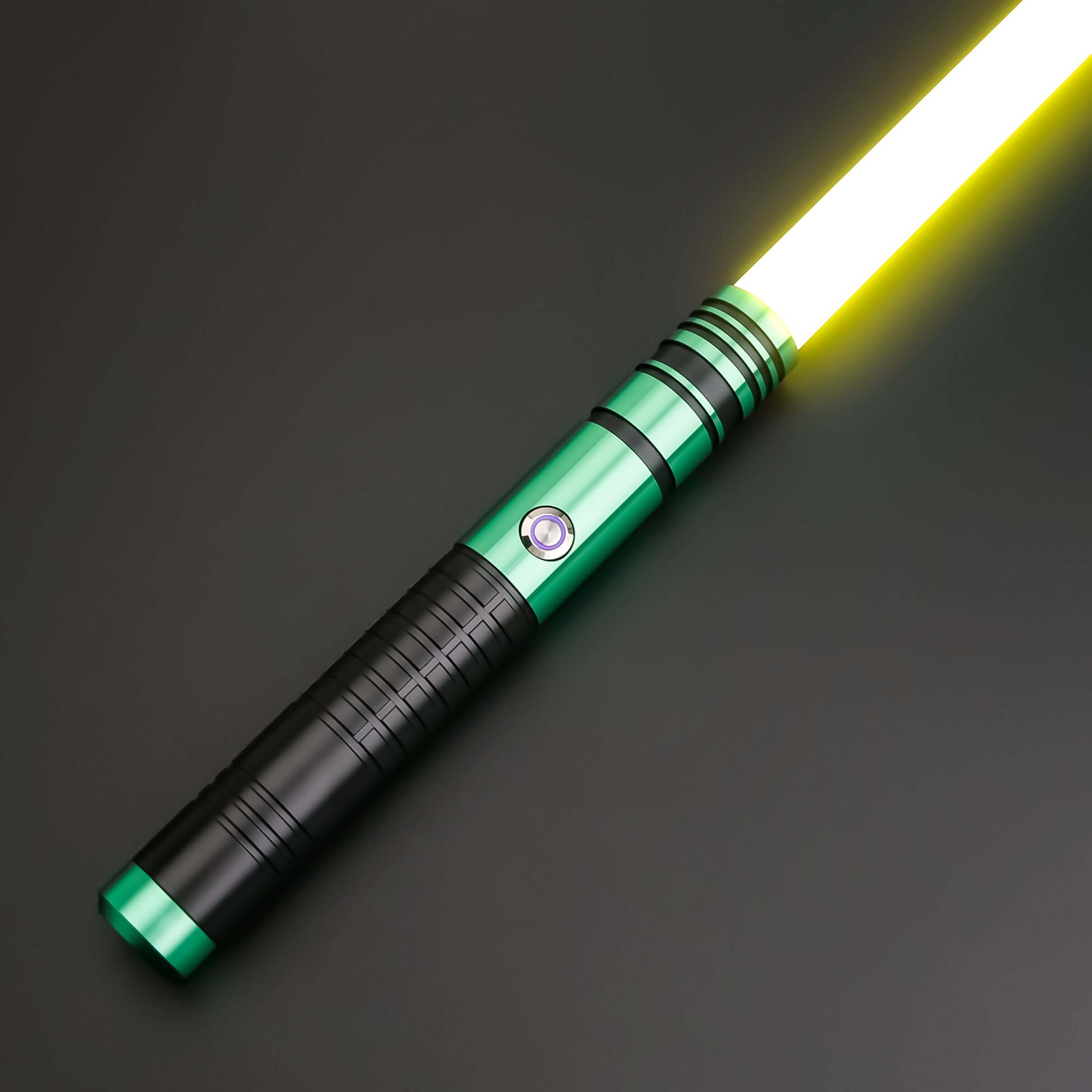 Padawan A01RGB Neopixel Saber – Ergonomic aluminum hilt with gold accents, high-quality removable polycarbonate blade, customizable RGB colors via app, realistic sound effects with multiple sound fonts, rechargeable 18650 battery, smooth swing motion for