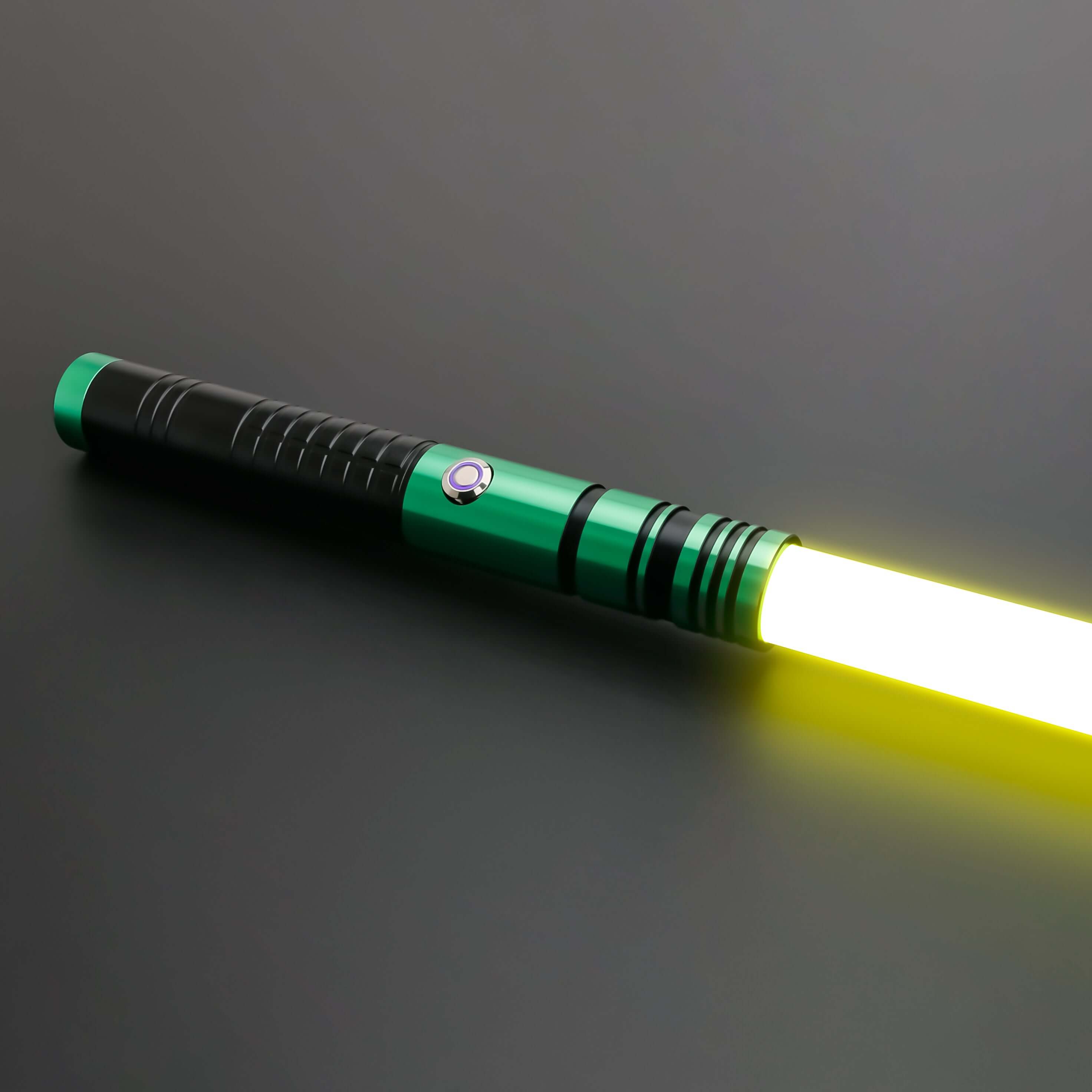 Padawan A01RGB Neopixel Saber – Ergonomic aluminum hilt with gold accents, high-quality removable polycarbonate blade, customizable RGB colors via app, realistic sound effects with multiple sound fonts, rechargeable 18650 battery, smooth swing motion for