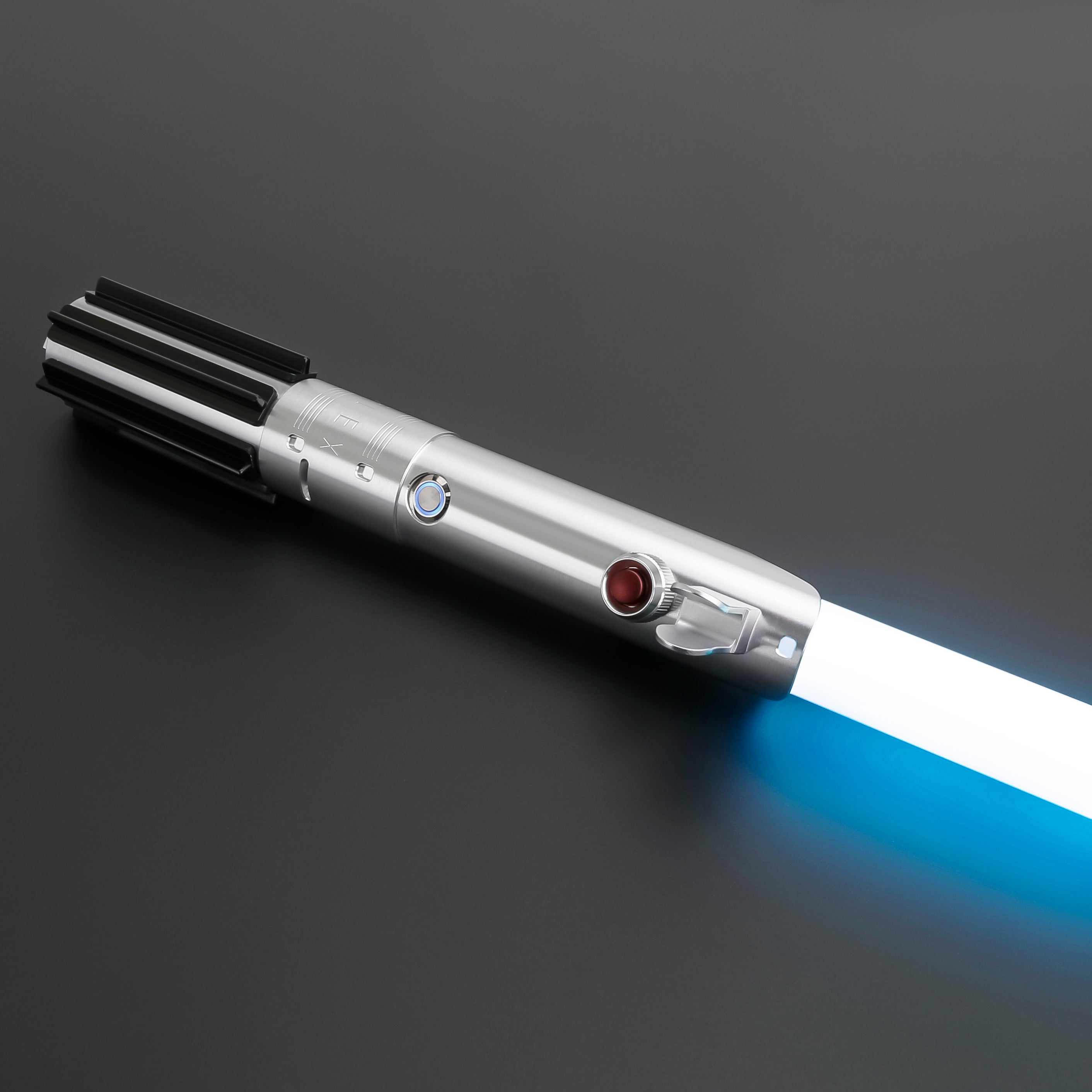 Skywalker SE Lightsaber from Novasaber, featuring a sleek silver hilt with black leather wrapping and a vibrant blue blade, inspired by the legendary Skywalker legacy from Star Wars.