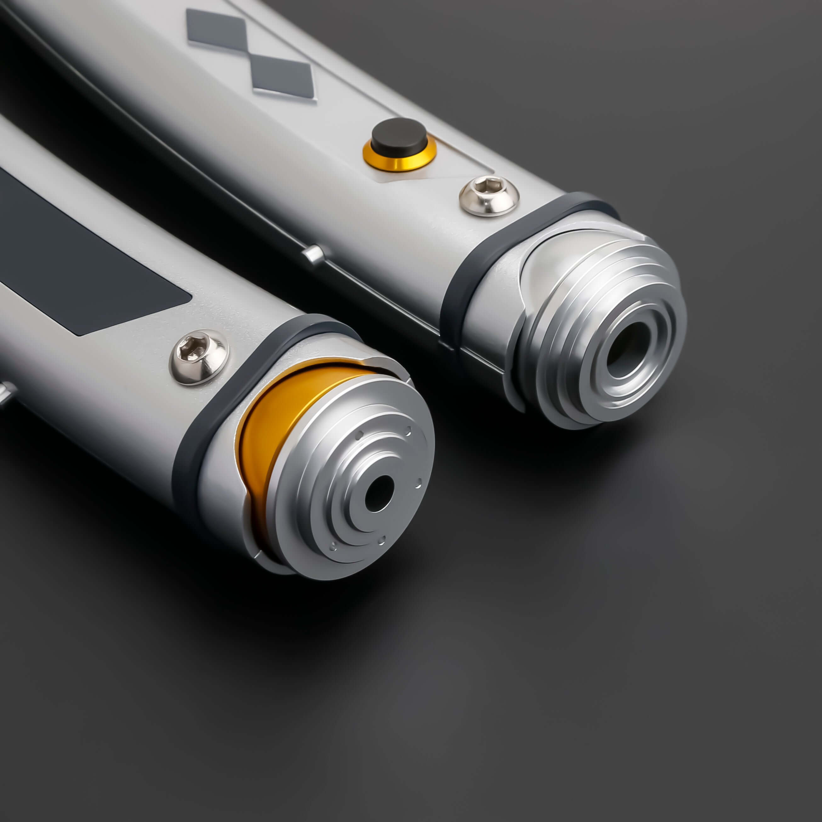 Tano lightsaber with silver and black anodized aluminum hilt, featuring 12 blade colors, 27 sound fonts, and options for Baselit, S-RGB, Neopixel, or Proffie cores, ideal for cosplay and light dueling.
