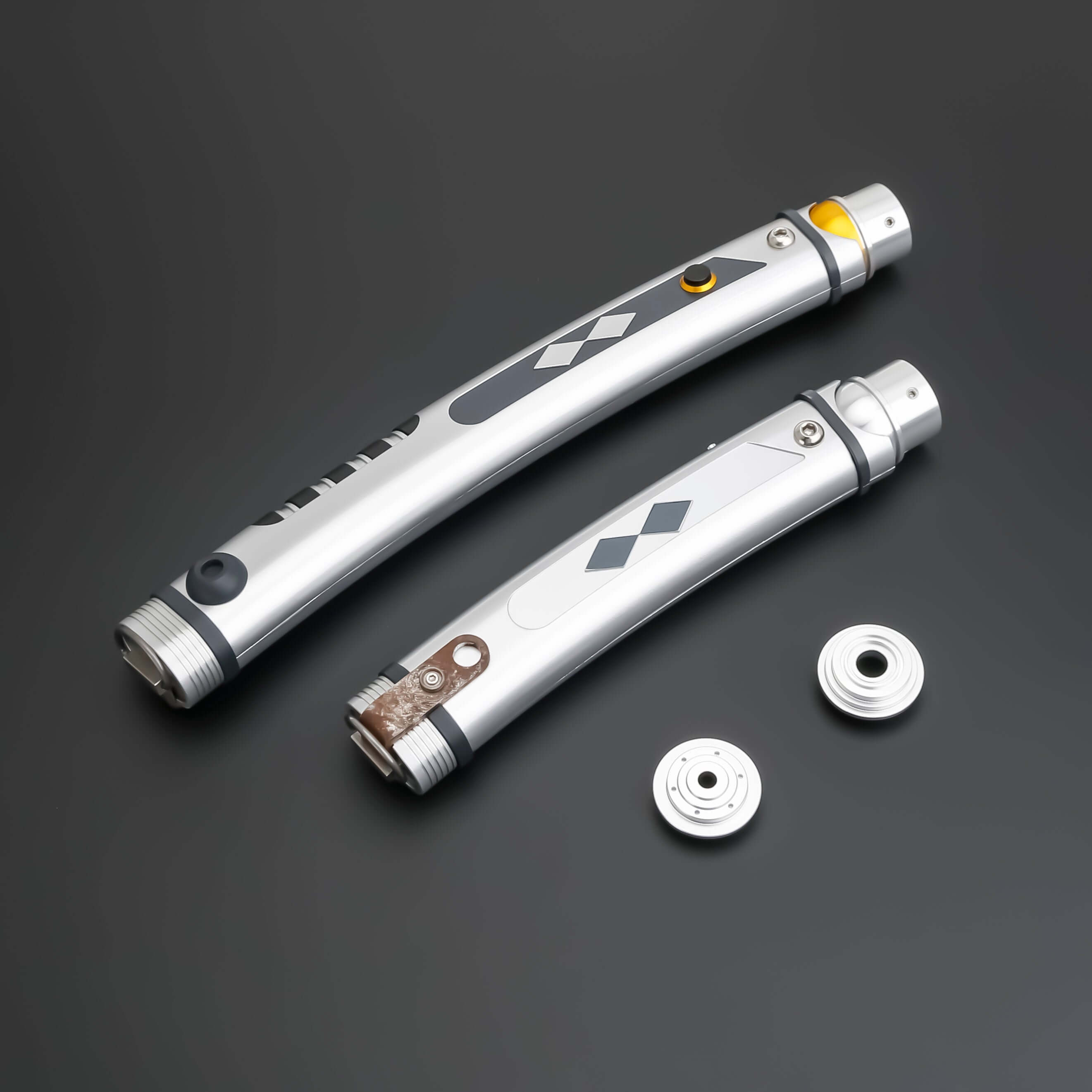 Tano lightsaber with silver and black anodized aluminum hilt, featuring 12 blade colors, 27 sound fonts, and options for Baselit, S-RGB, Neopixel, or Proffie cores, ideal for cosplay and light dueling.