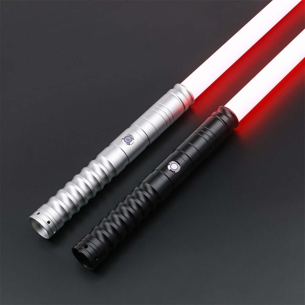 Novasaber Duelist Lightsaber Bundle – two aluminum alloy hilts in choice of grey, black, silver or gold, removable 77 cm or 82 cm polycarbonate blades, RGB S4/S16/S27 baselit or SN-Neopixel V4 Pro cores with customizable colors, effects, 27+ soundfonts an