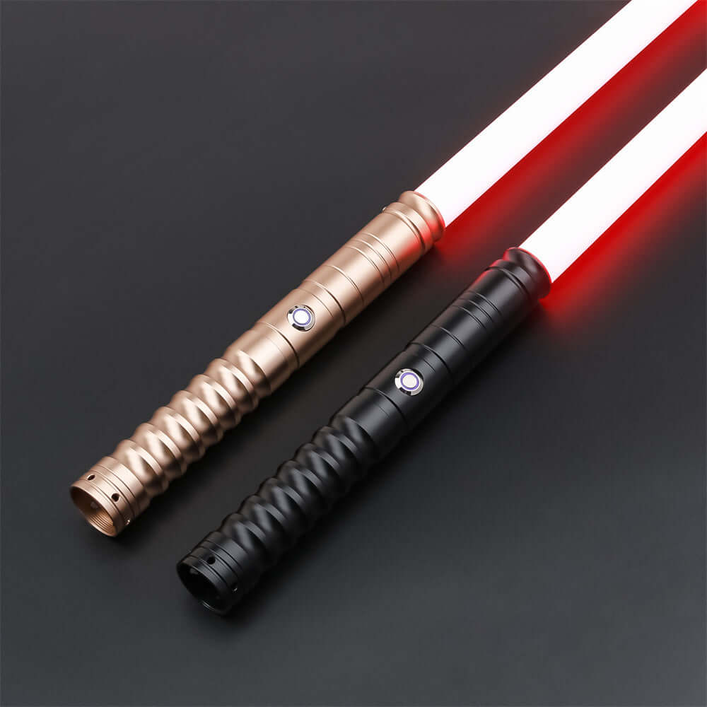Novasaber Duelist Lightsaber Bundle – two aluminum alloy hilts in choice of grey, black, silver or gold, removable 77 cm or 82 cm polycarbonate blades, RGB S4/S16/S27 baselit or SN-Neopixel V4 Pro cores with customizable colors, effects, 27+ soundfonts an
