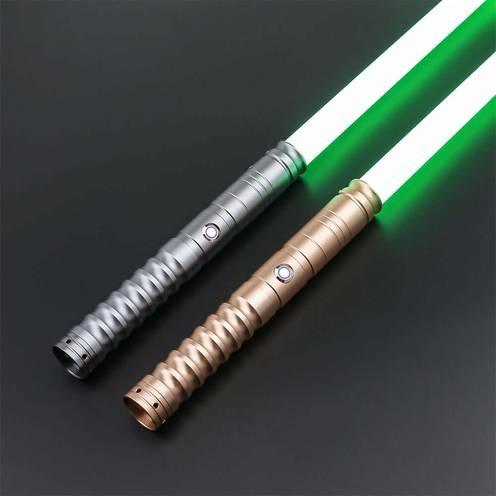 Novasaber Duelist Lightsaber Bundle – two aluminum alloy hilts in choice of grey, black, silver or gold, removable 77 cm or 82 cm polycarbonate blades, RGB S4/S16/S27 baselit or SN-Neopixel V4 Pro cores with customizable colors, effects, 27+ soundfonts an