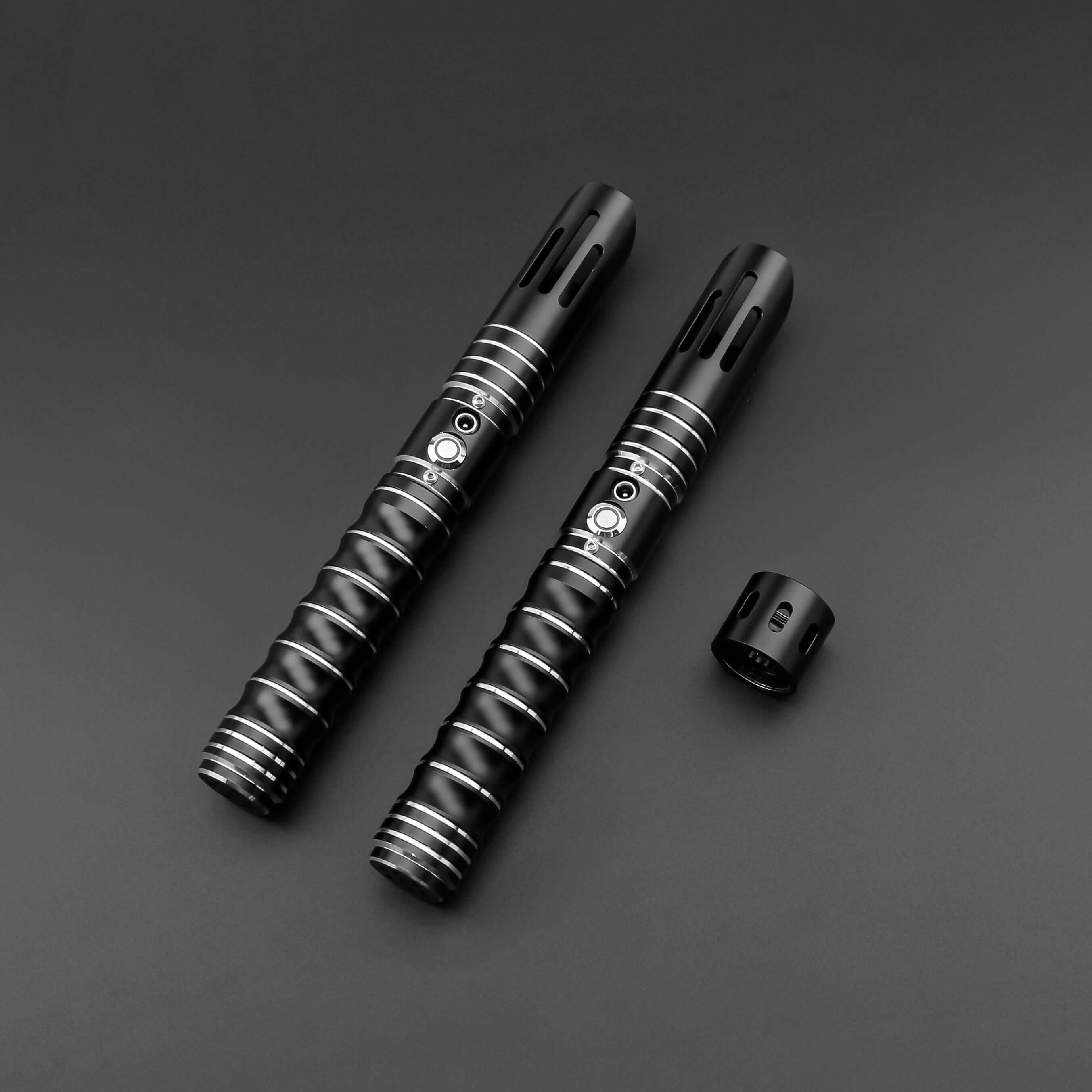 Dual Bladed Malphite Lightsaber featuring frosted aluminum alloy hilts, removable polycarbonate blades, customizable RGB lighting, multiple sound fonts, and advanced blade effects, designed for enthusiasts seeking high-performance double-bladed sabers.
