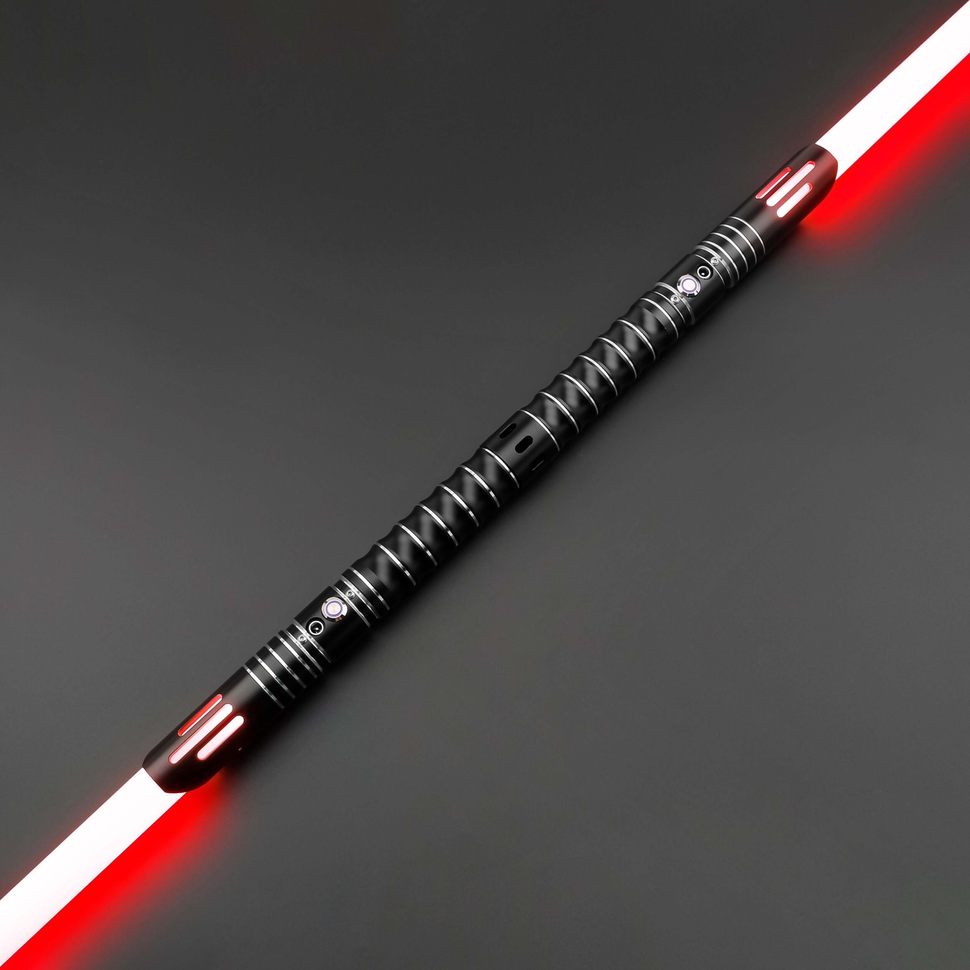 Dual Bladed Malphite Lightsaber featuring frosted aluminum alloy hilts, removable polycarbonate blades, customizable RGB lighting, multiple sound fonts, and advanced blade effects, designed for enthusiasts seeking high-performance double-bladed sabers.
