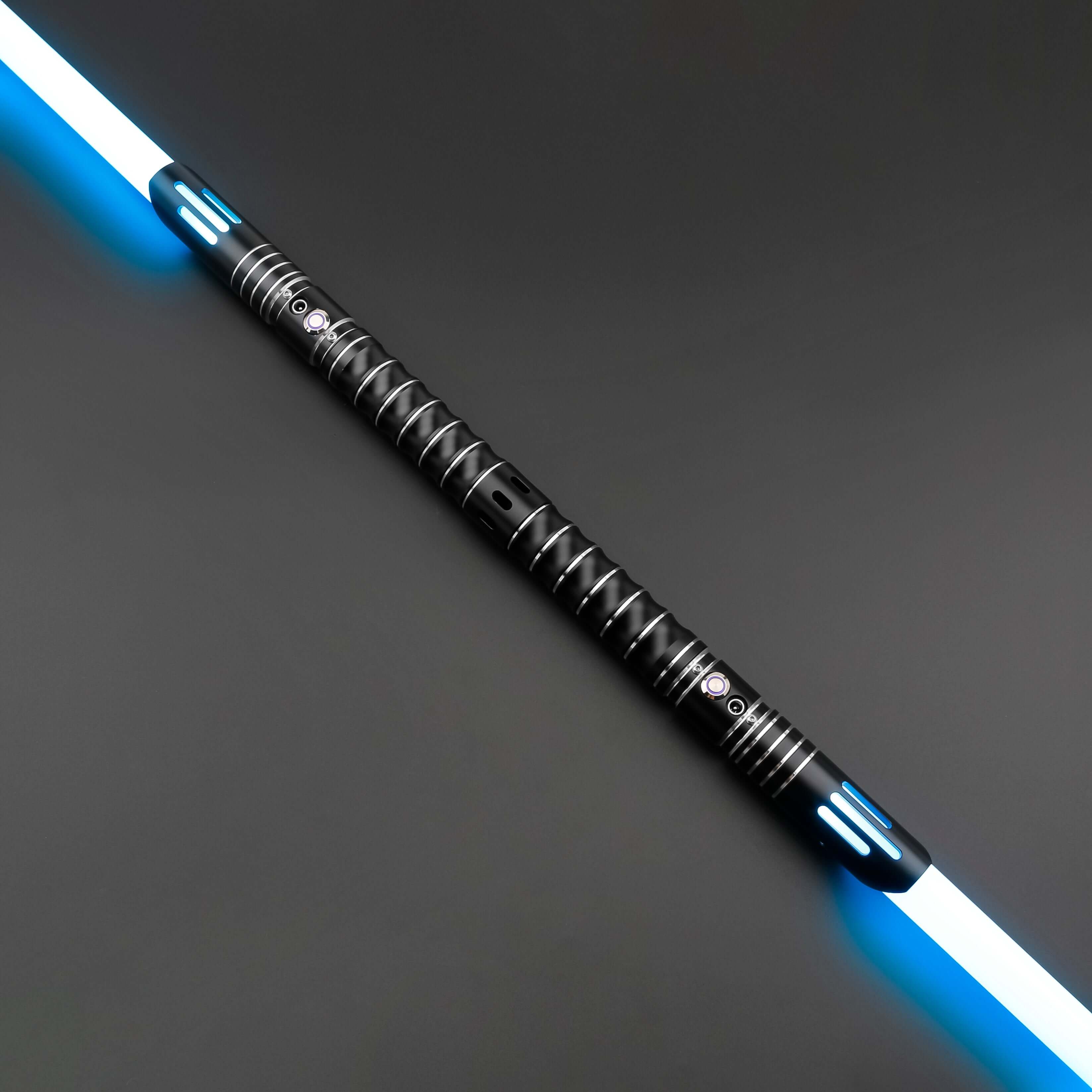 Dual Bladed Malphite Lightsaber featuring frosted aluminum alloy hilts, removable polycarbonate blades, customizable RGB lighting, multiple sound fonts, and advanced blade effects, designed for enthusiasts seeking high-performance double-bladed sabers.