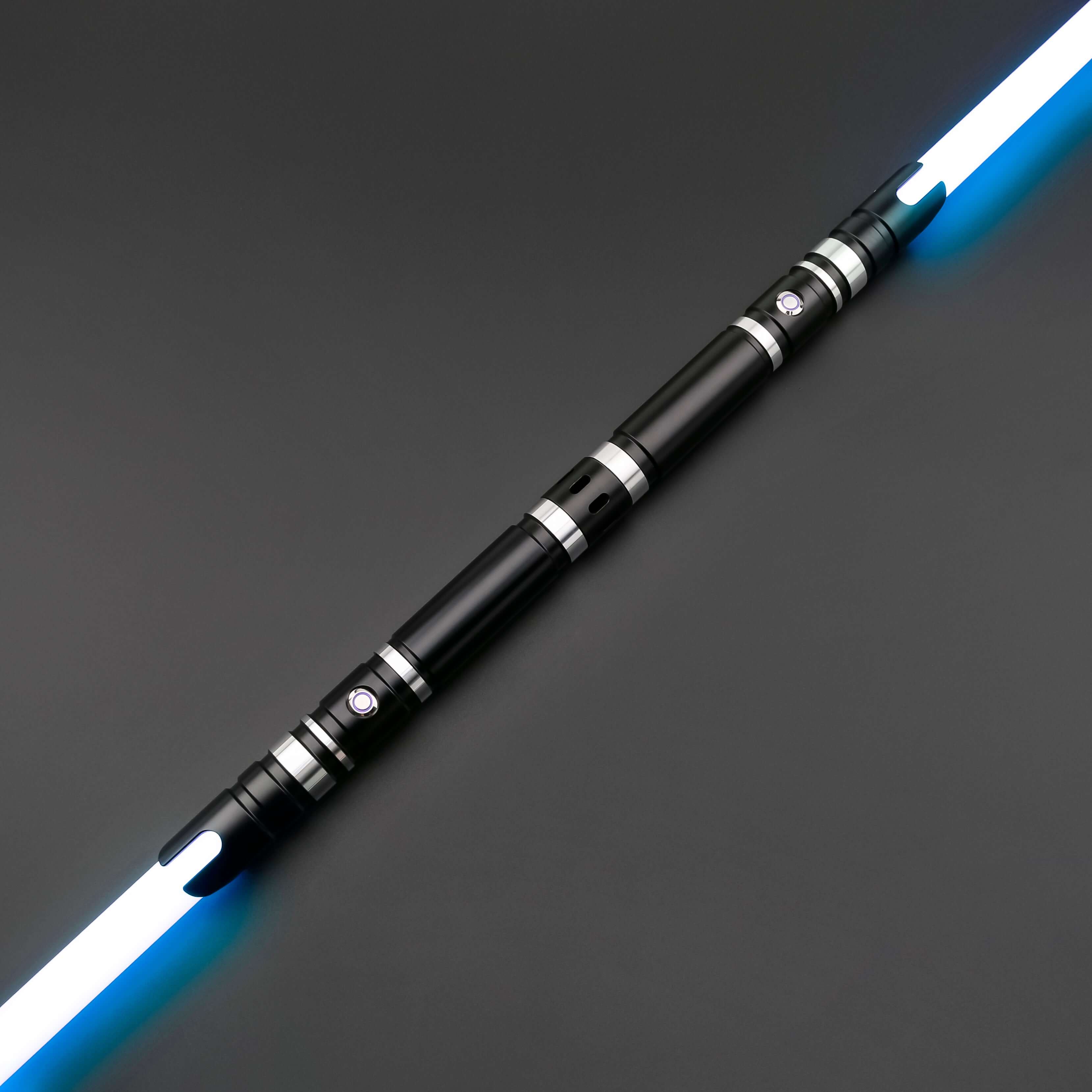 Hunter Dual Sabers featuring lightweight aluminum hilts with circular grip patterns and extended emitter necks, designed for enhanced maneuverability and ideal for cosplay and display.