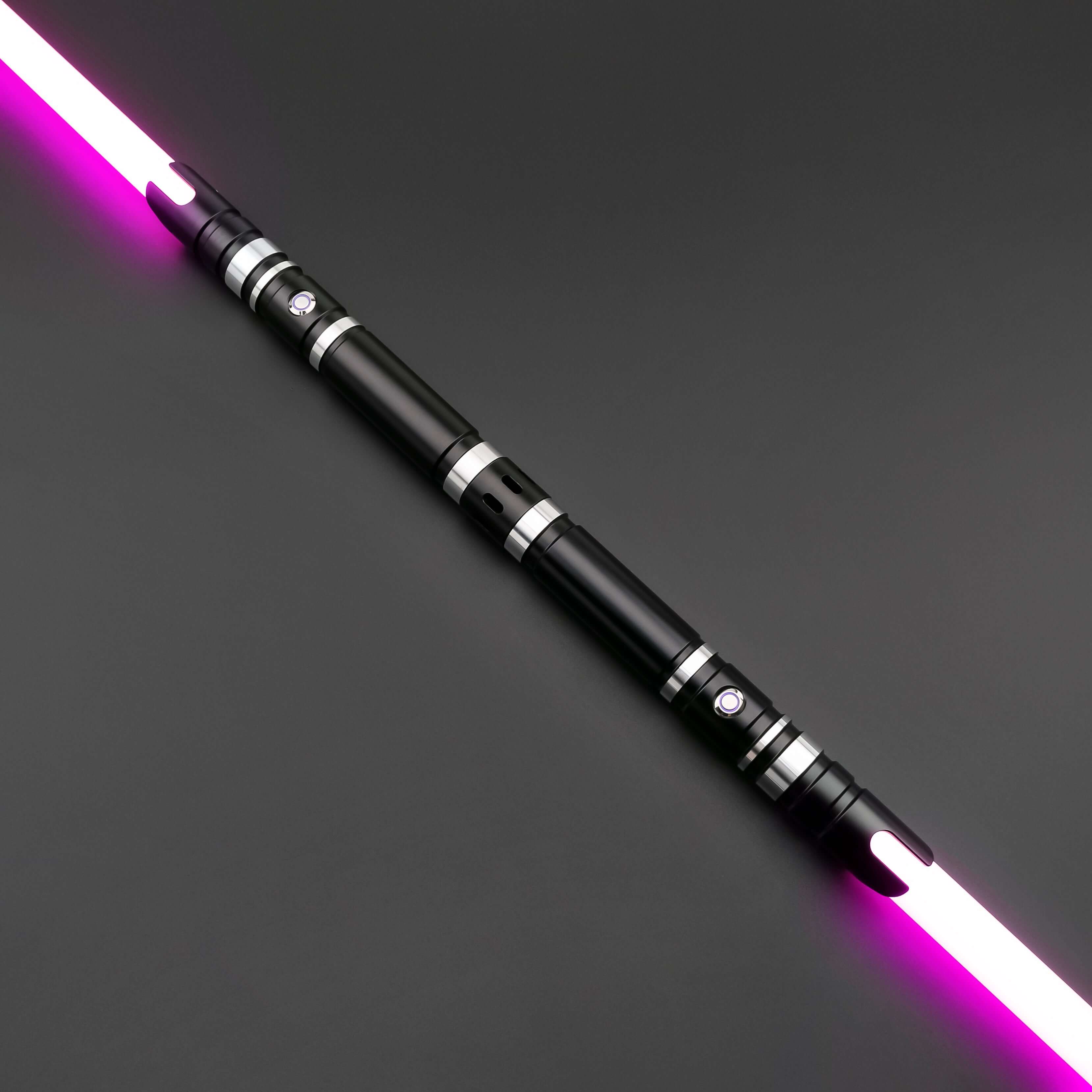 Hunter Dual Sabers featuring lightweight aluminum hilts with circular grip patterns and extended emitter necks, designed for enhanced maneuverability and ideal for cosplay and display.
