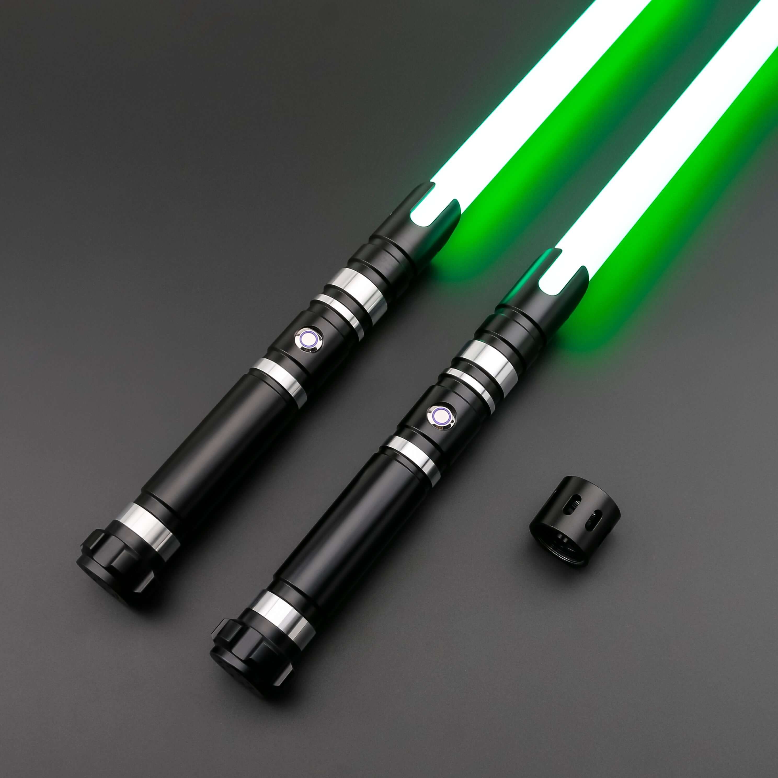 Hunter Dual Sabers featuring lightweight aluminum hilts with circular grip patterns and extended emitter necks, designed for enhanced maneuverability and ideal for cosplay and display.