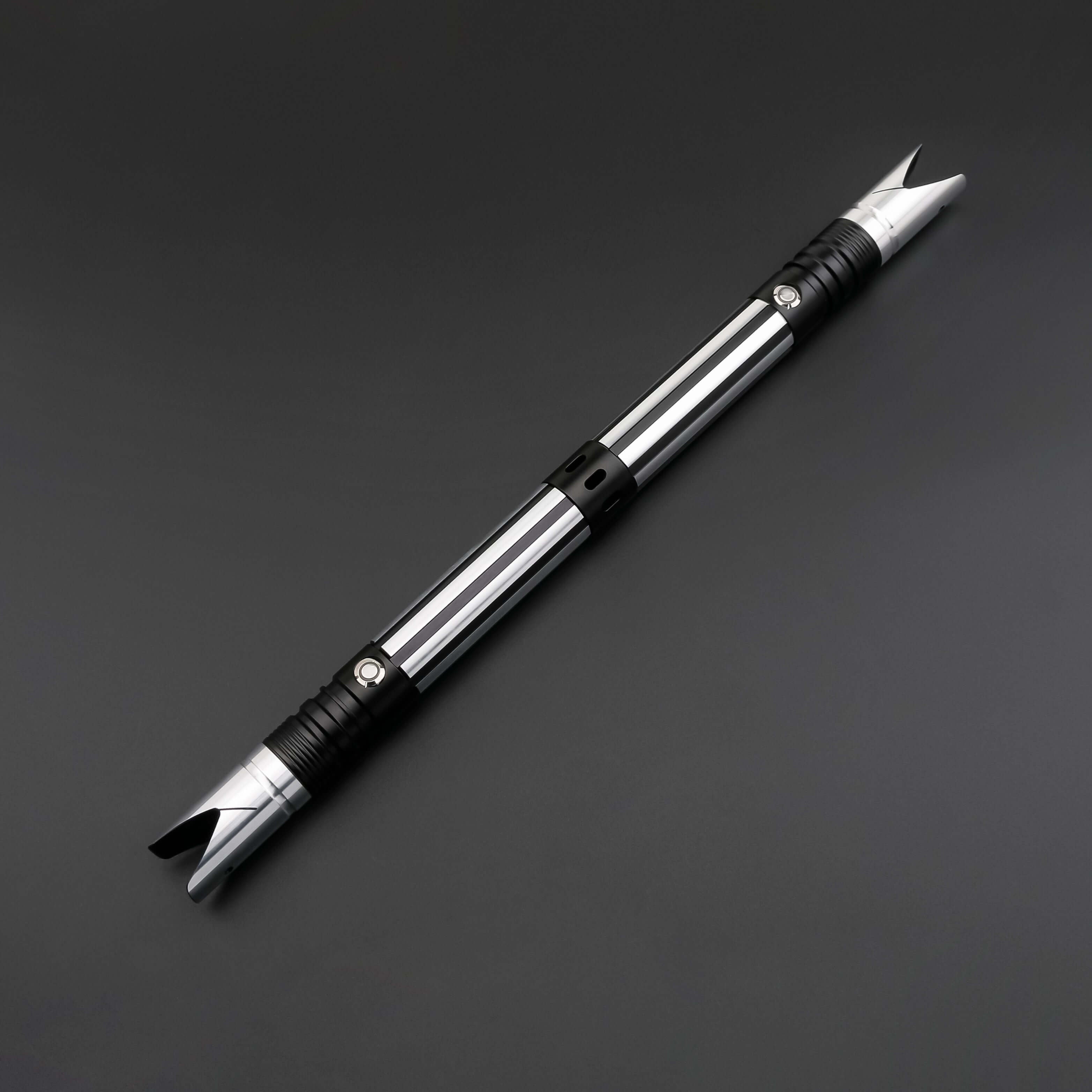 Zebra Dual Sabers featuring lightweight aluminum hilts with circular grip patterns and extended emitter necks, designed for enhanced maneuverability and ideal for cosplay and display.