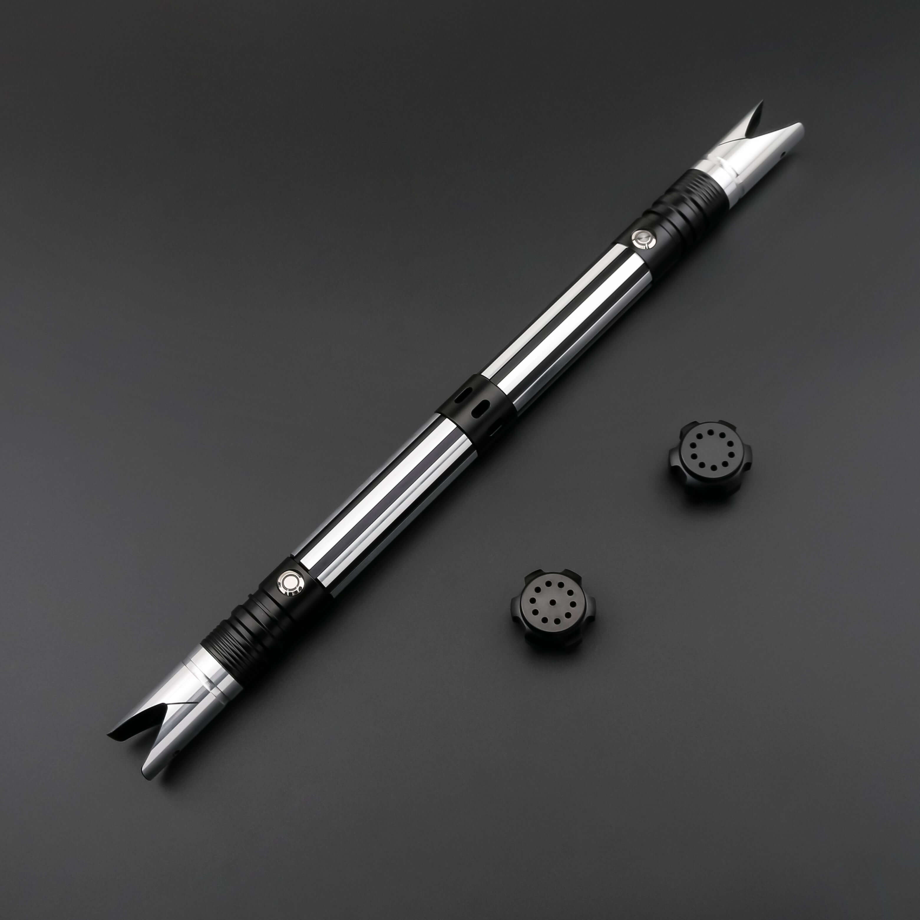 Zebra Dual Sabers featuring lightweight aluminum hilts with circular grip patterns and extended emitter necks, designed for enhanced maneuverability and ideal for cosplay and display.