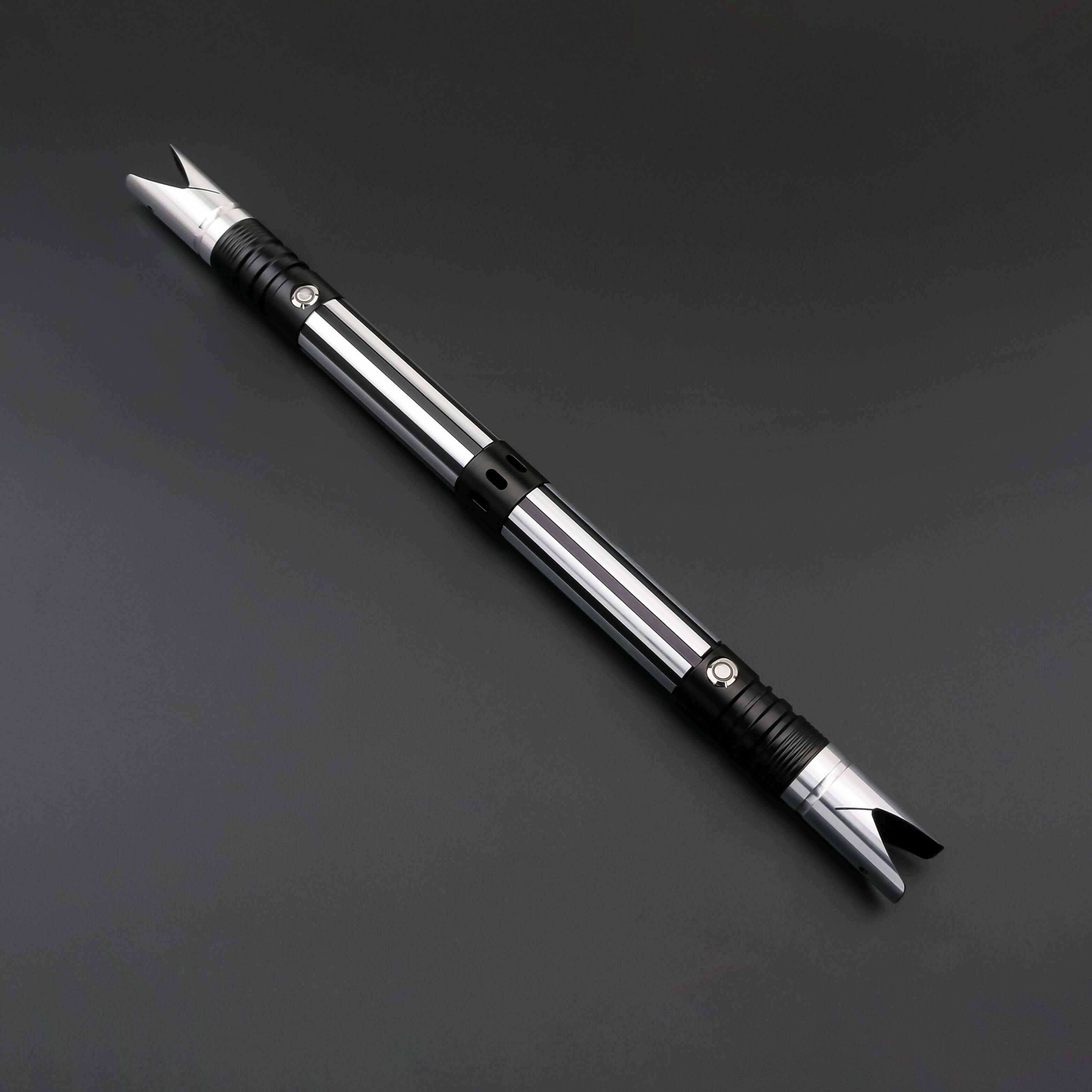 Zebra Dual Sabers featuring lightweight aluminum hilts with circular grip patterns and extended emitter necks, designed for enhanced maneuverability and ideal for cosplay and display.