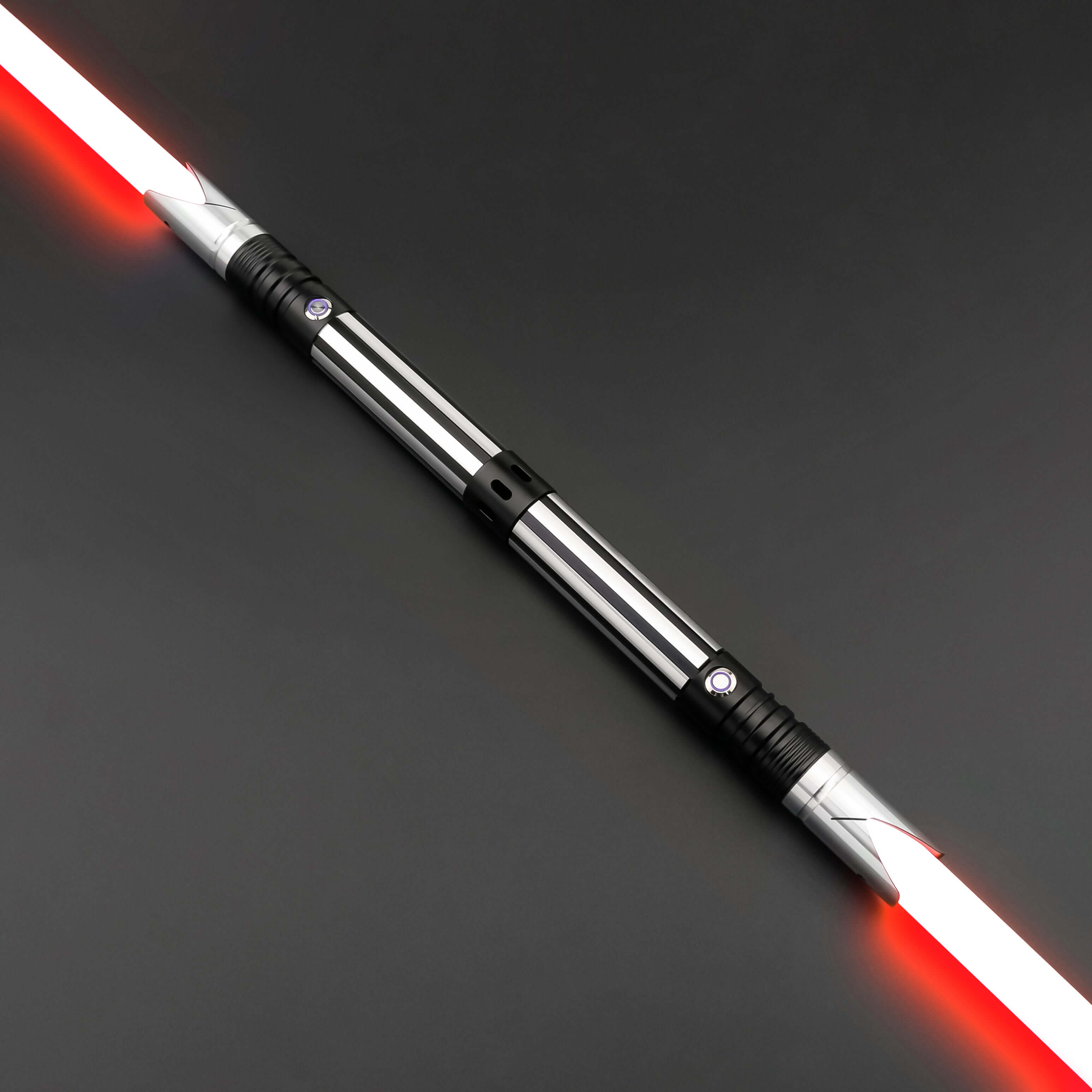 Zebra Dual Sabers featuring lightweight aluminum hilts with circular grip patterns and extended emitter necks, designed for enhanced maneuverability and ideal for cosplay and display.