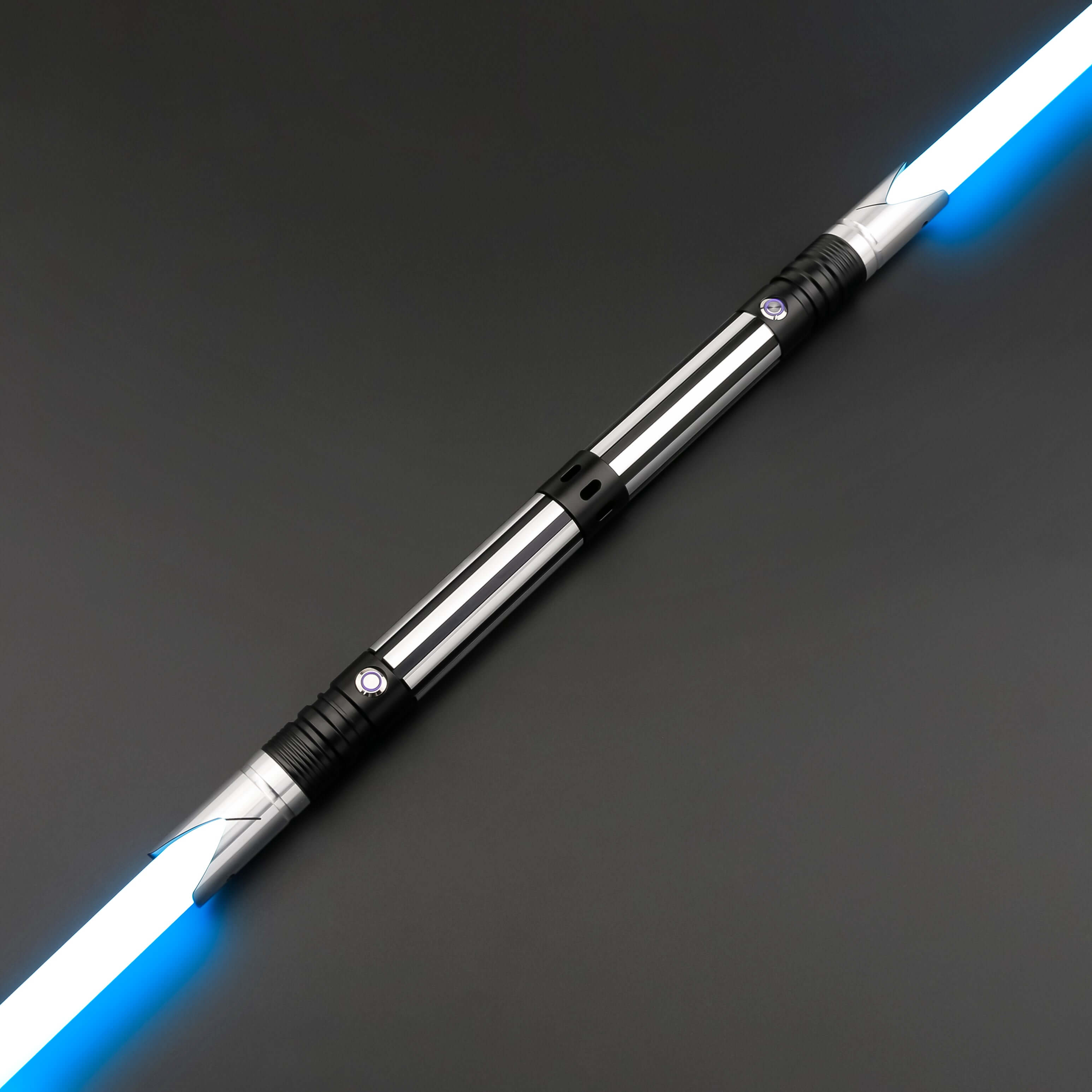 Zebra Dual Sabers featuring lightweight aluminum hilts with circular grip patterns and extended emitter necks, designed for enhanced maneuverability and ideal for cosplay and display.