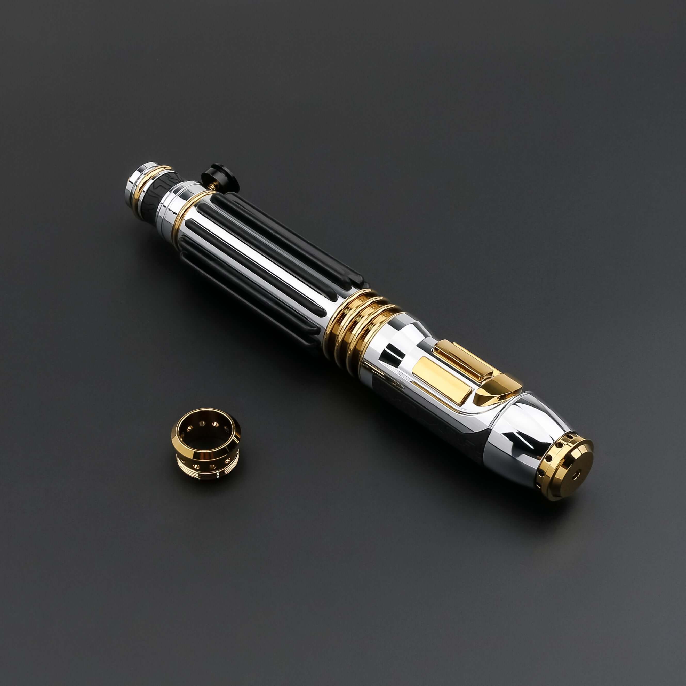 Windu lightsaber replica with purple Neopixel blade, Proffie 2.2 soundboard, 27 soundfonts, 9 lighting effects, 32GB SD card, gesture control, heavy dueling-ready polycarbonate blade, aircraft-grade aluminum hilt, and customizable RGB colors.