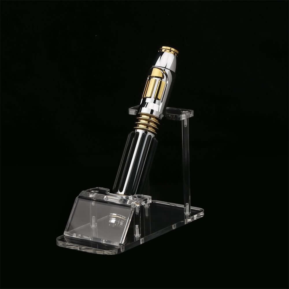 Windu Proffie lightsaber displayed on a clear stand against a black background.