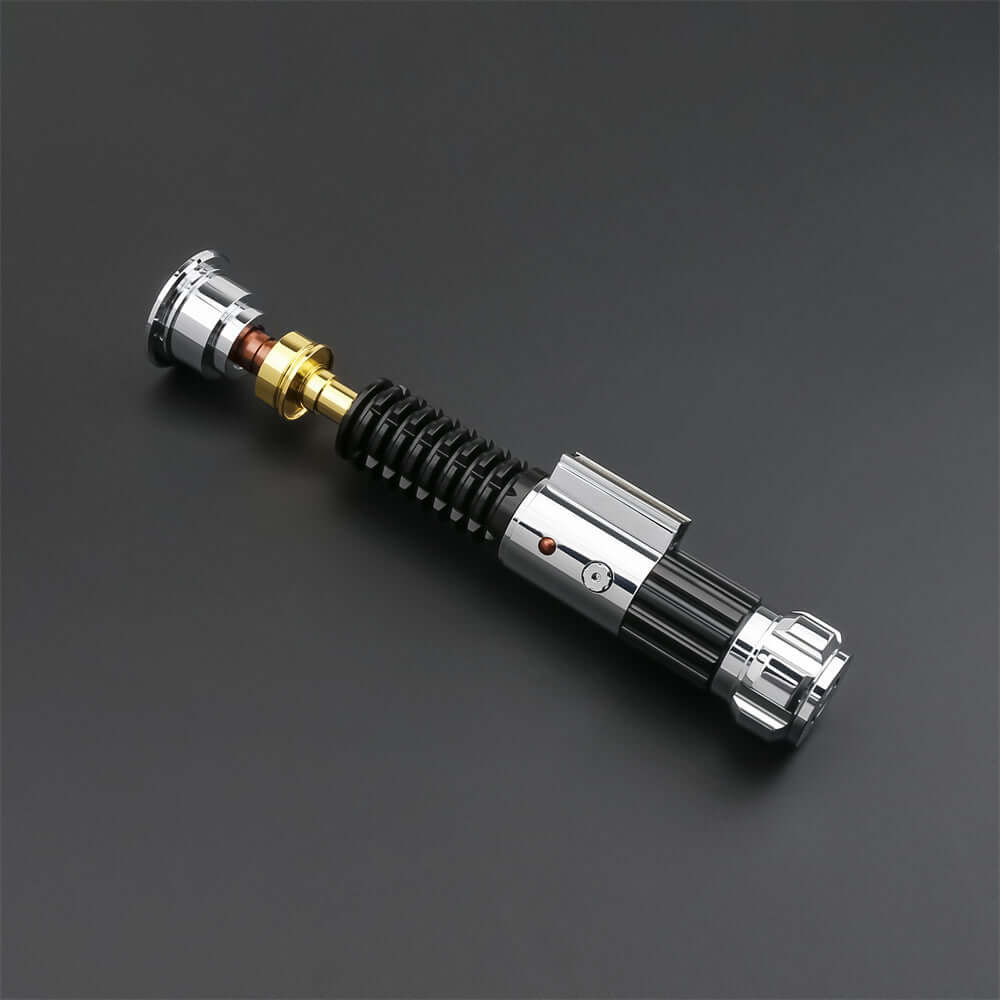 Obi EP3 lightsaber replica displayed on a black background, featuring a metallic and ergonomic design.